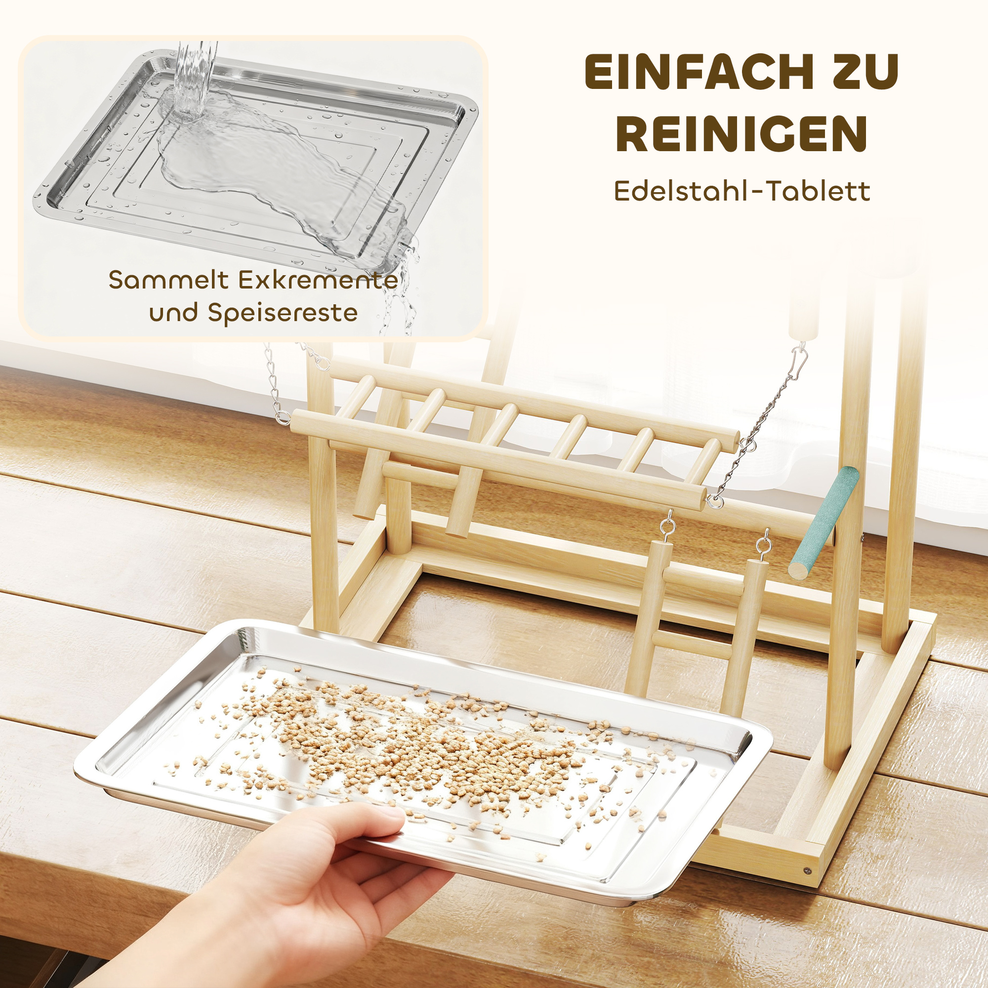 Vogelständer, Vogelstangen-Set, 4 Ebenen, Edelstahltablett, Spielzeug, Naturholz