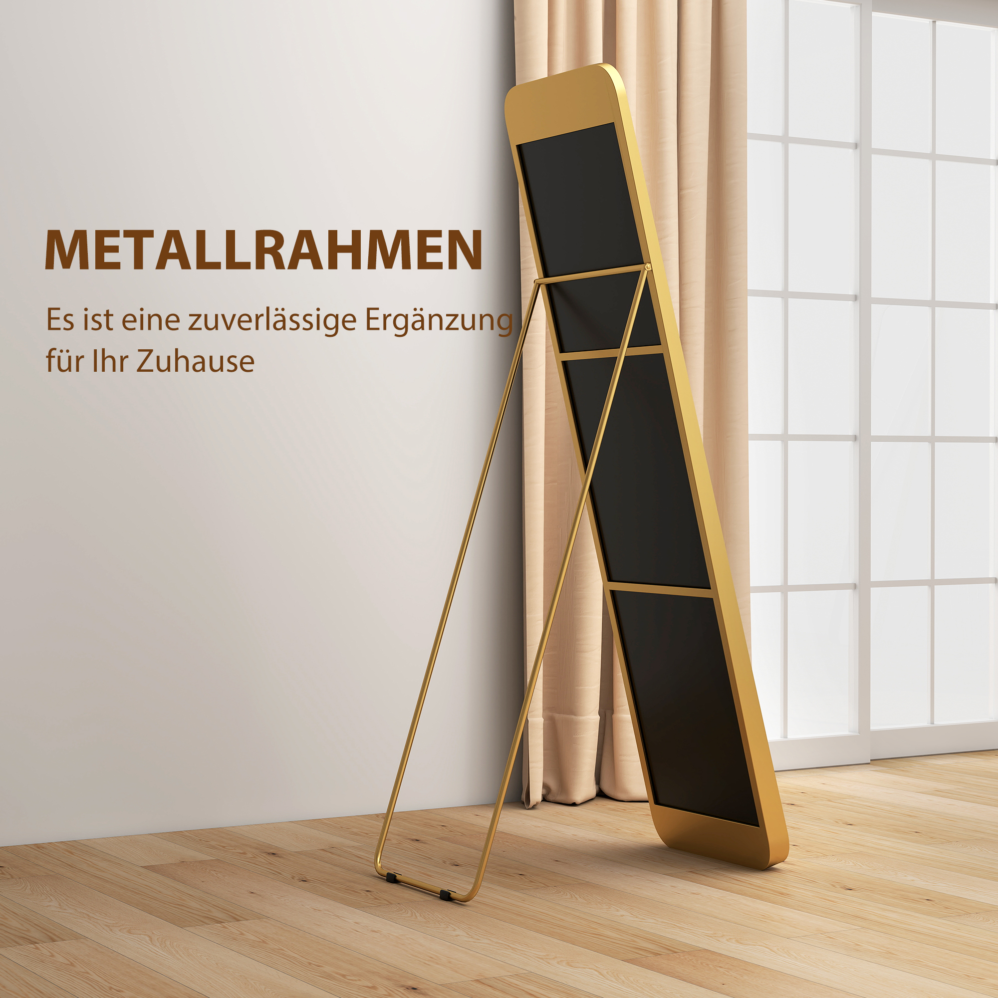 Ganzkörperspiegel, freistehend, neigbar, Metallrahmen, MDF, 160 x 40 cm, Goldfarben