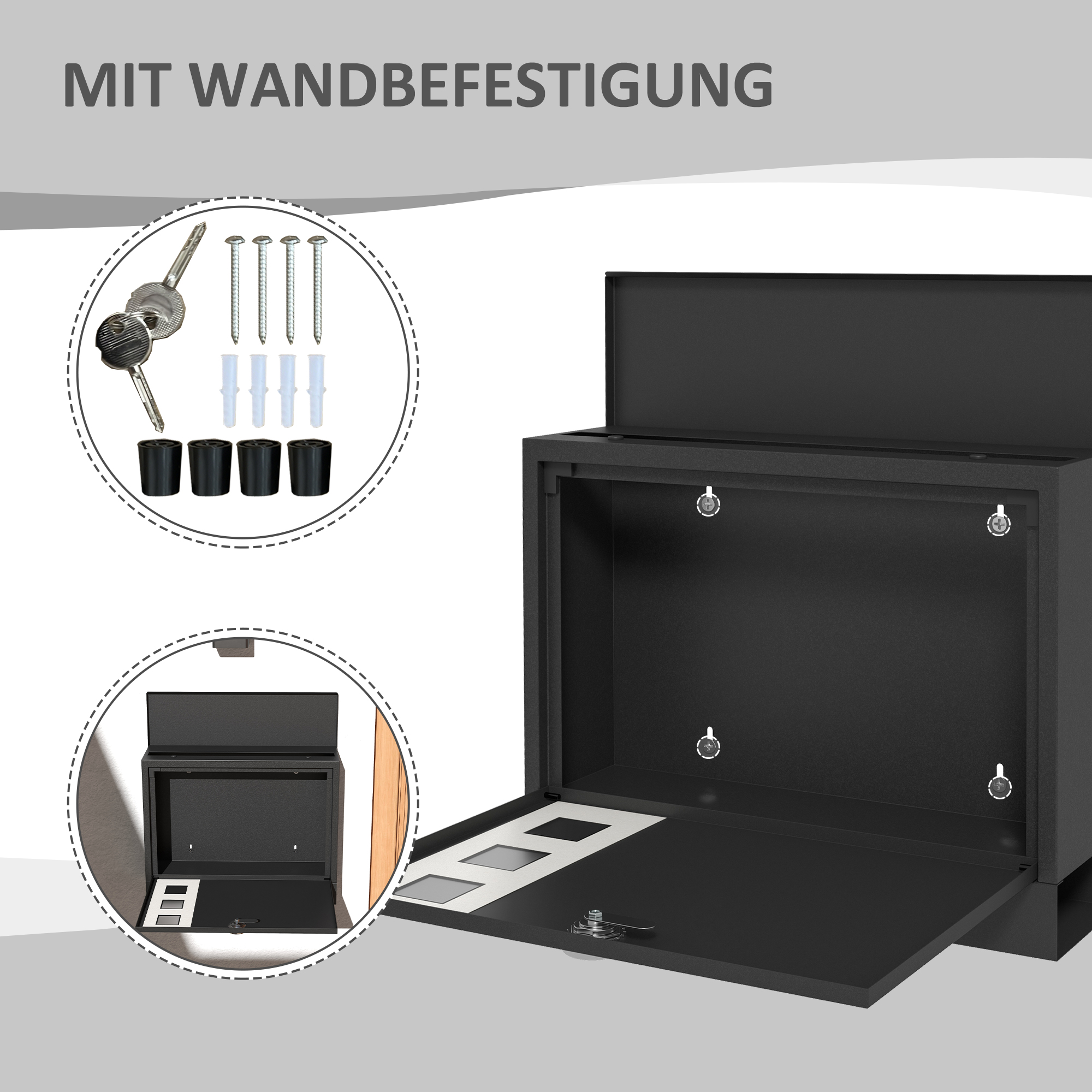 Briefkasten Metallbriefkasten, modern, abschließbar, 36,5 x 11,5 x 29 cm, Schwarz