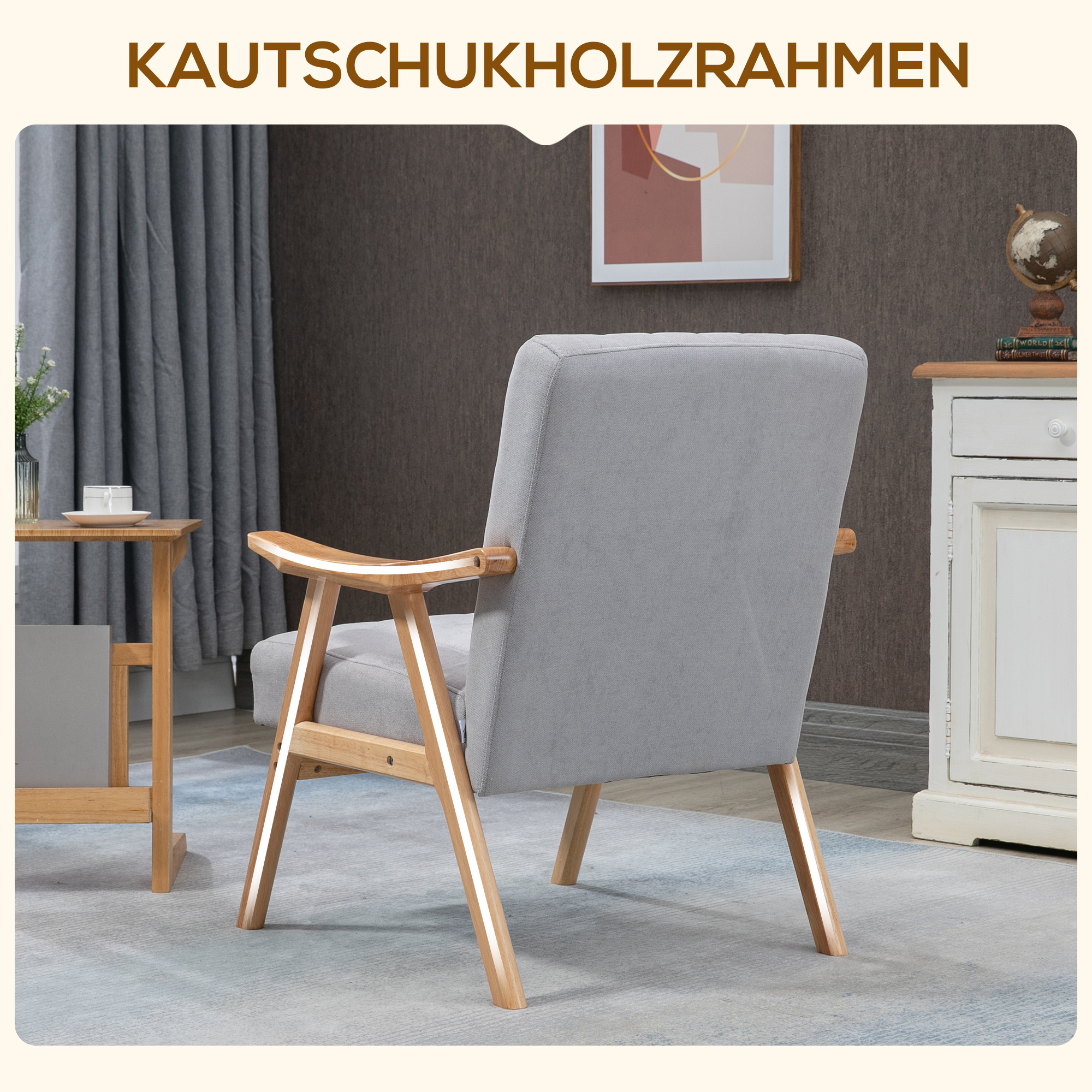 Sessel im Skandi-Design, bis 120 kg, Samtoptik, Massivholz; 68 cm x 74 cm x 82 cm, Natur + Grau