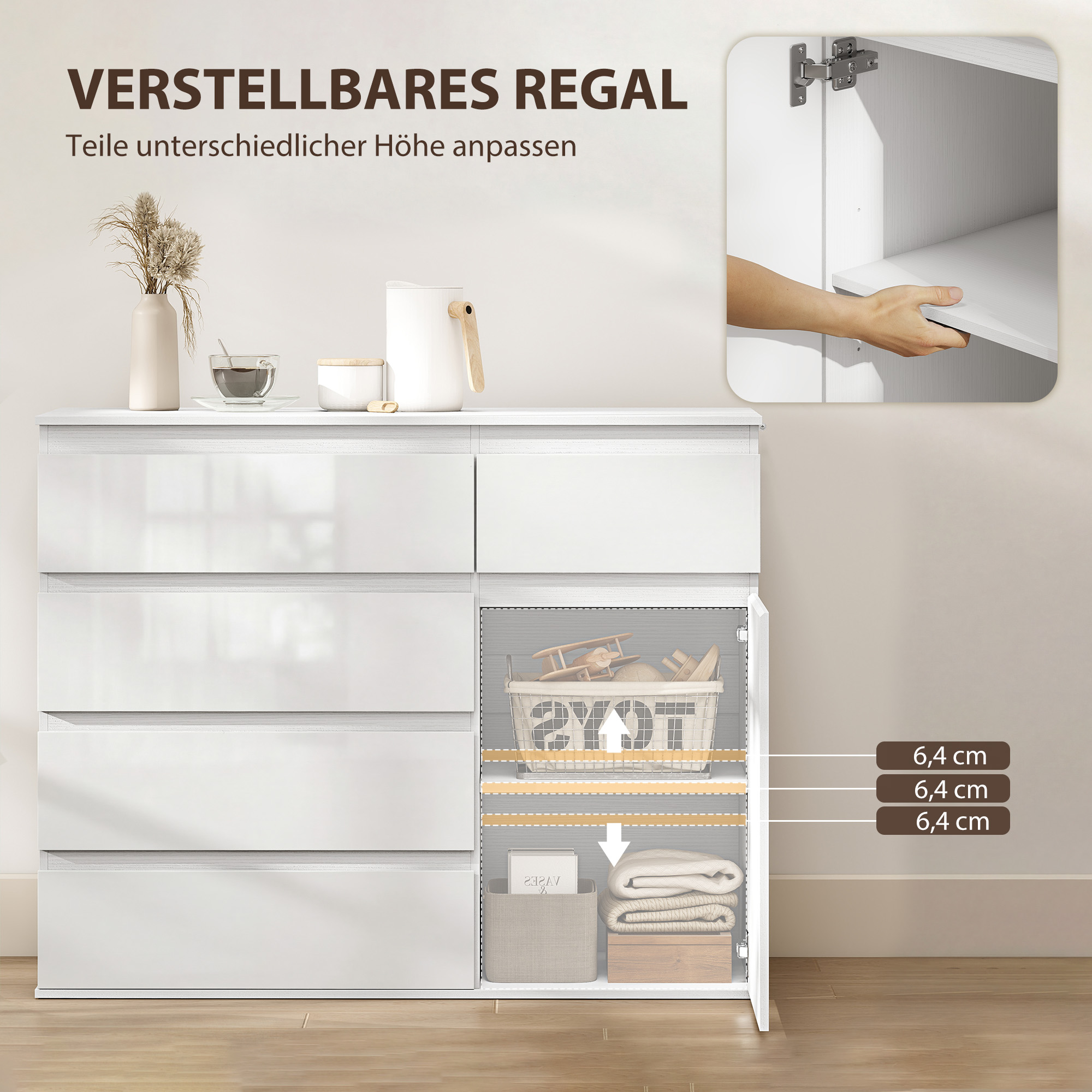 Modernes Sideboard, Stauraum-Sideboard mit 5 Schubladen, verstellbarem Regal, Soft-Close-Tür, Weiß Hochglanz