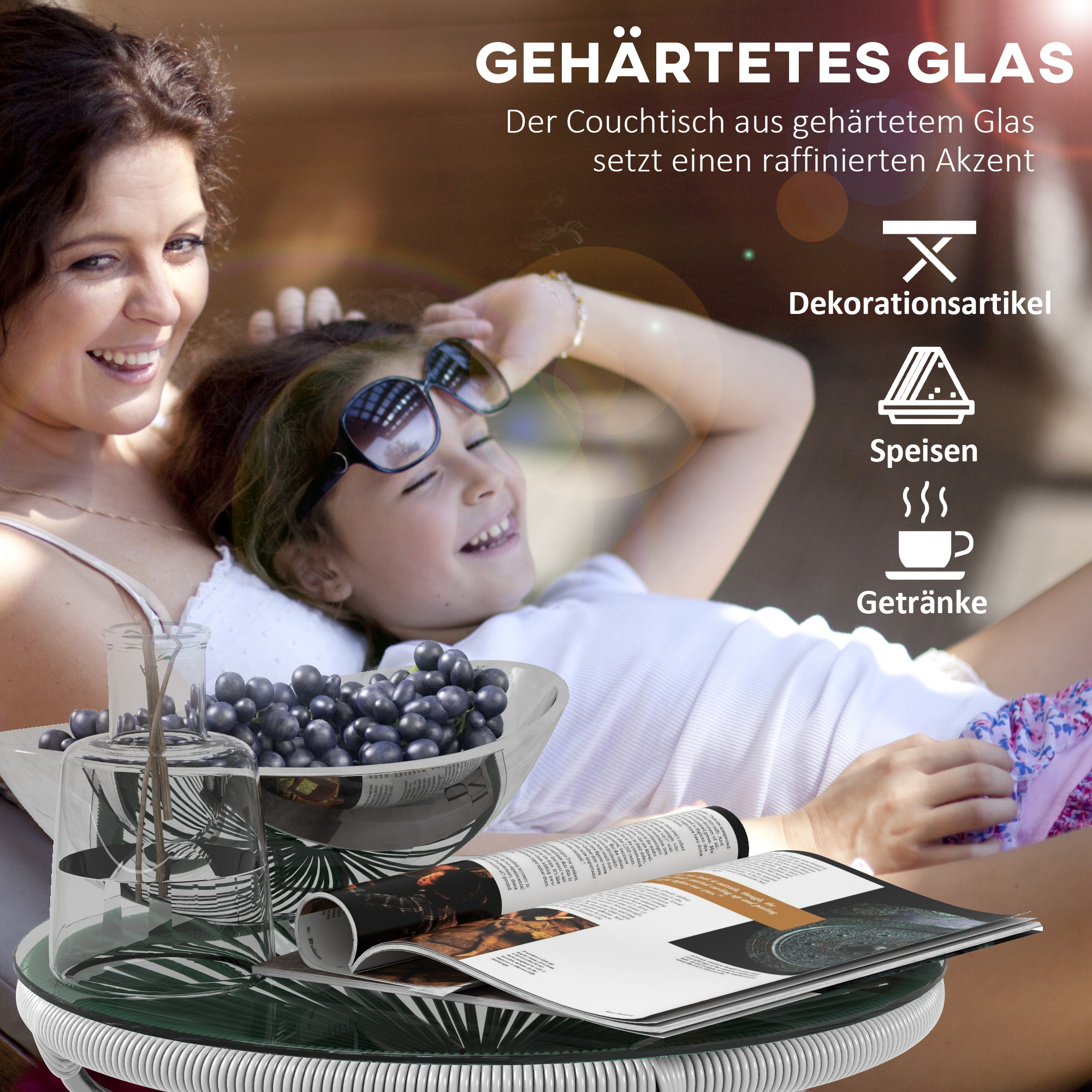 Gartentisch Boho-Stil Outdoor Beistelltisch, PE-Rattan, gehärtetes Glas, wetterbeständig, 50 cm x 50 cm x 50 cm, Grau