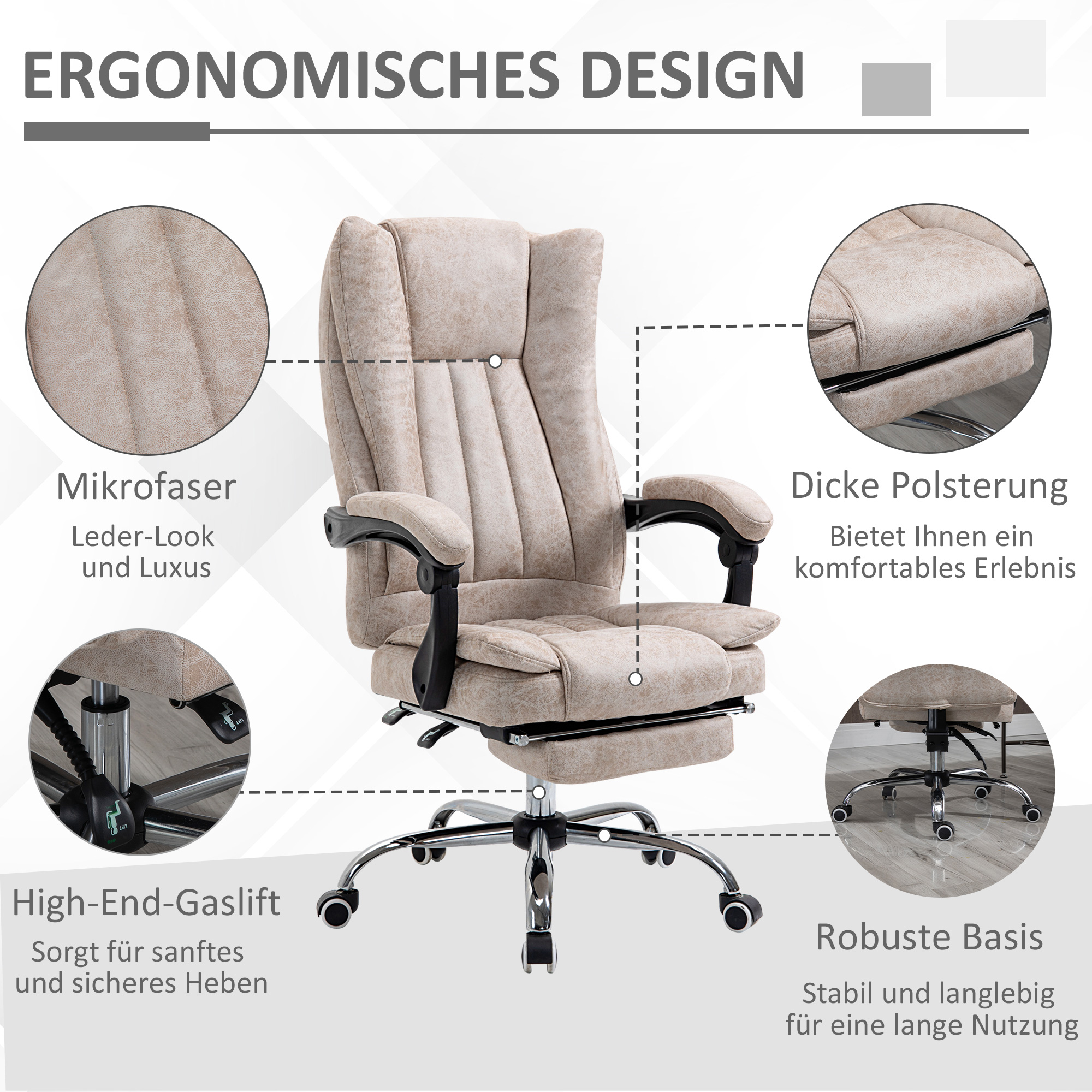 Bürostuhl Drehstuhl mit Liegefunktion Fußstütze Bürosessel Sitzhöhenverstellung Stuhl Schreibtischstuhl Mikrofaser Kunststoff Metall Nylon Beige+Schwarz+Silber 63 x 71 x 110-118 cm