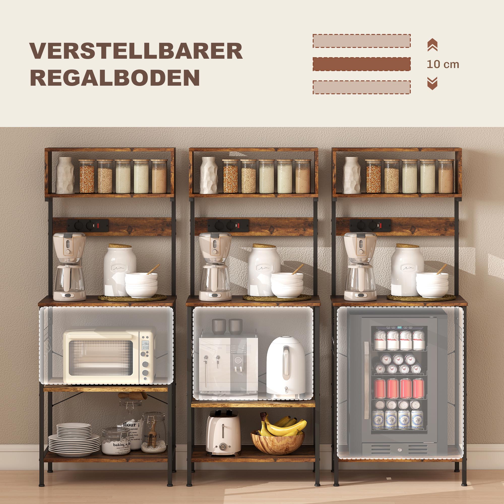 Küchenregal, Standregal mit 5 S-Haken, 5 Ablagen, Steckdose, aus Stahl, Rustikal-Braun, 60 x 42 x 153 cm