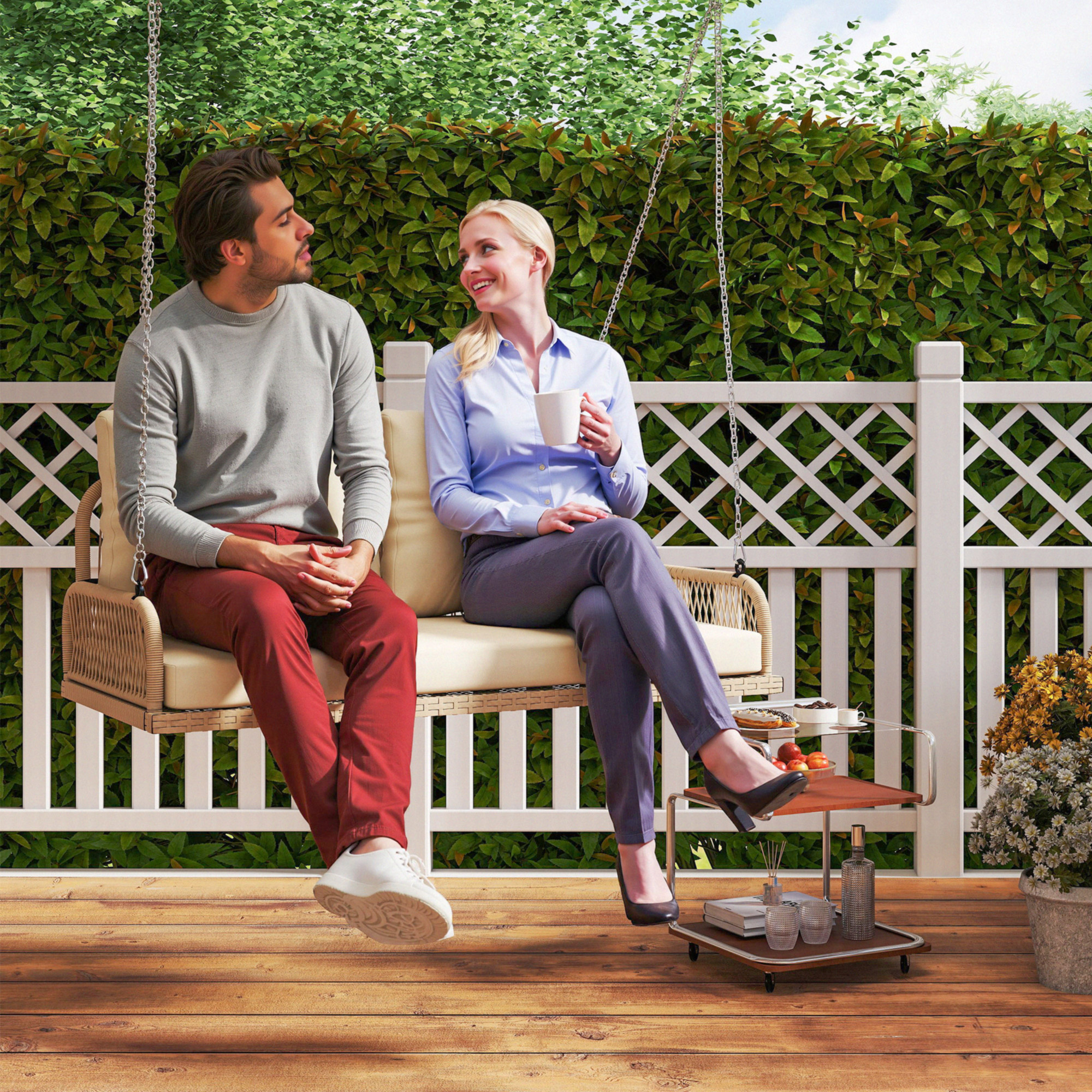 Hollywoodschaukel 2-Sitzer Rattan Gartenschaukel mit Kissen Ketten bis 240 kg 115 x 66 x 44 cm Beige