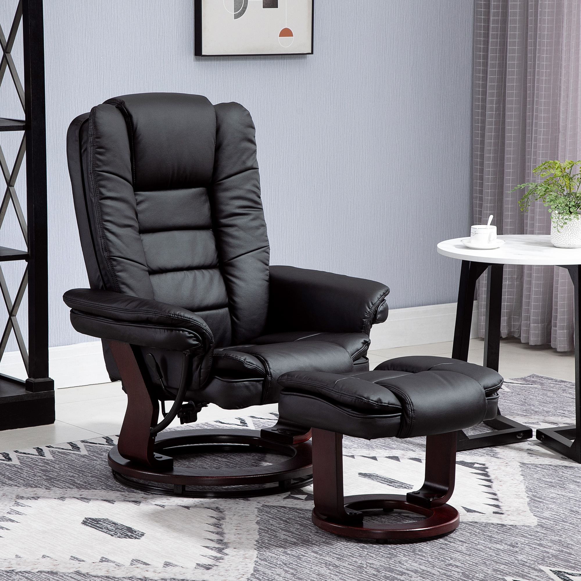 Relaxsessel mit Hocker, Liegesessel, drehbar, neigbare Lehne, Lederoptik, bis 130 kg, Schwarz