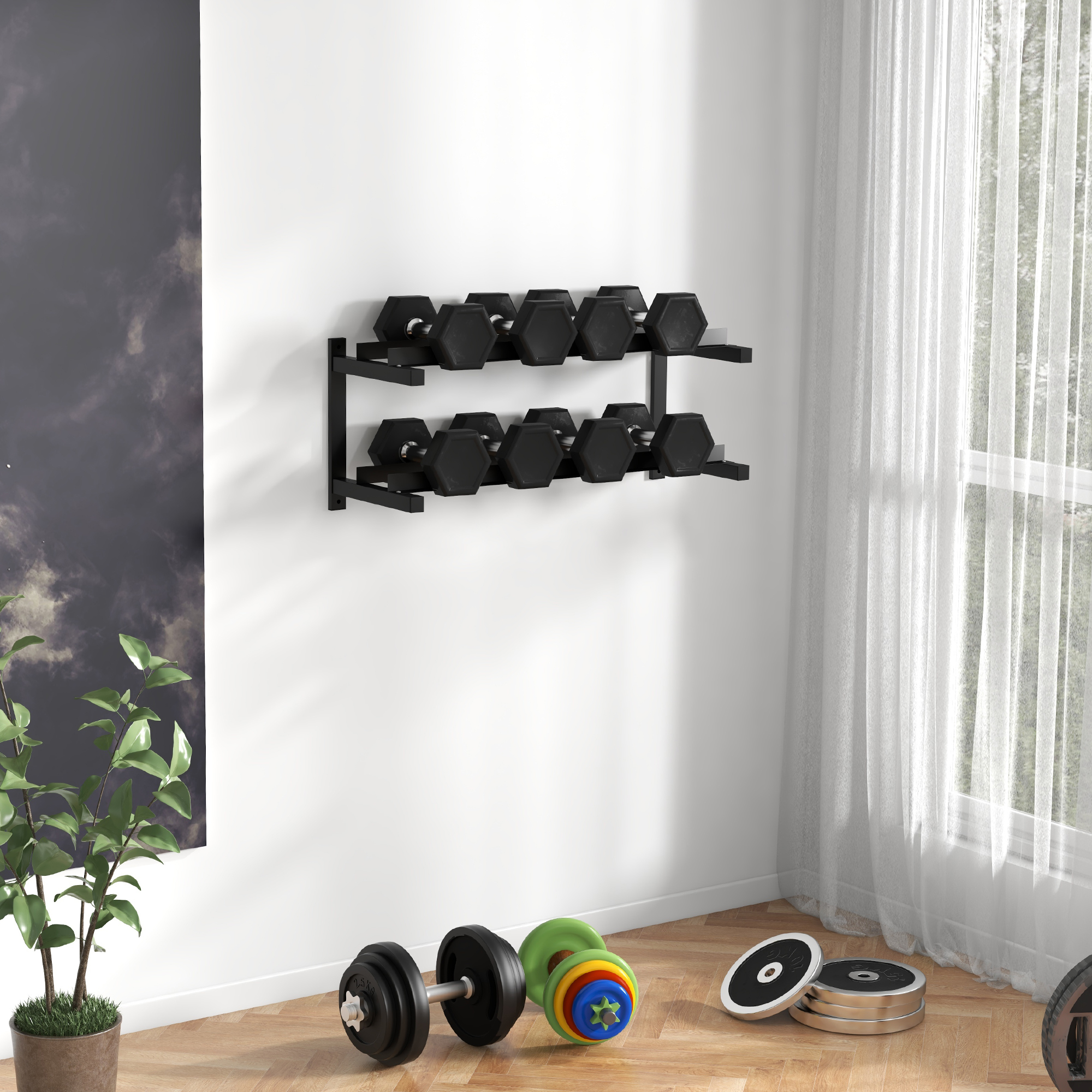 Hantelständer, Hantelgestell, 2 Etagen, bis 70 kg, Stahl, 98x40x35 cm, Schwarz