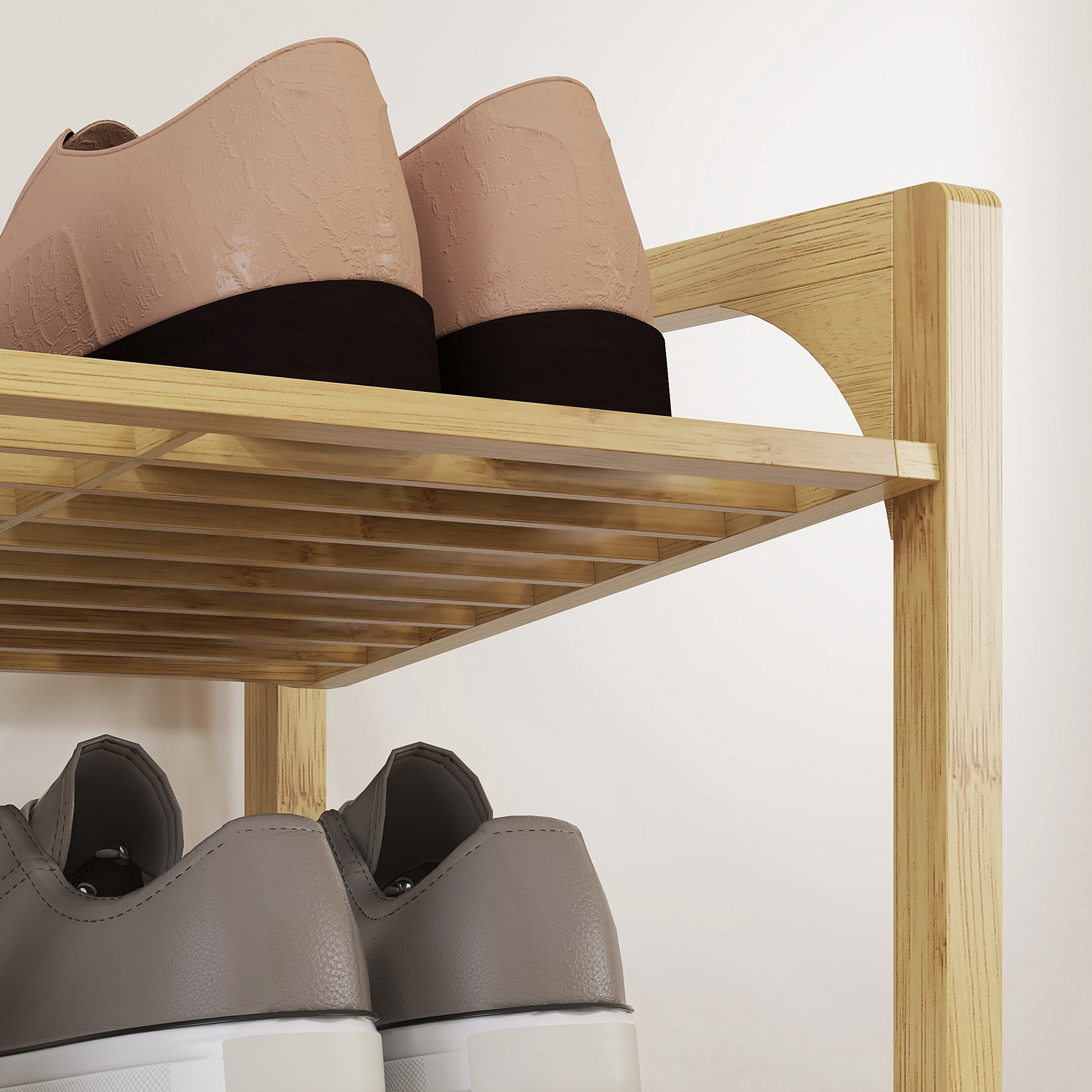 Schuhregal aus Bambus, 15,5 cm Regalhöhe, belüftetes Latten-Design, 76 x 33 x 67 cm, Naturholz-Effekt