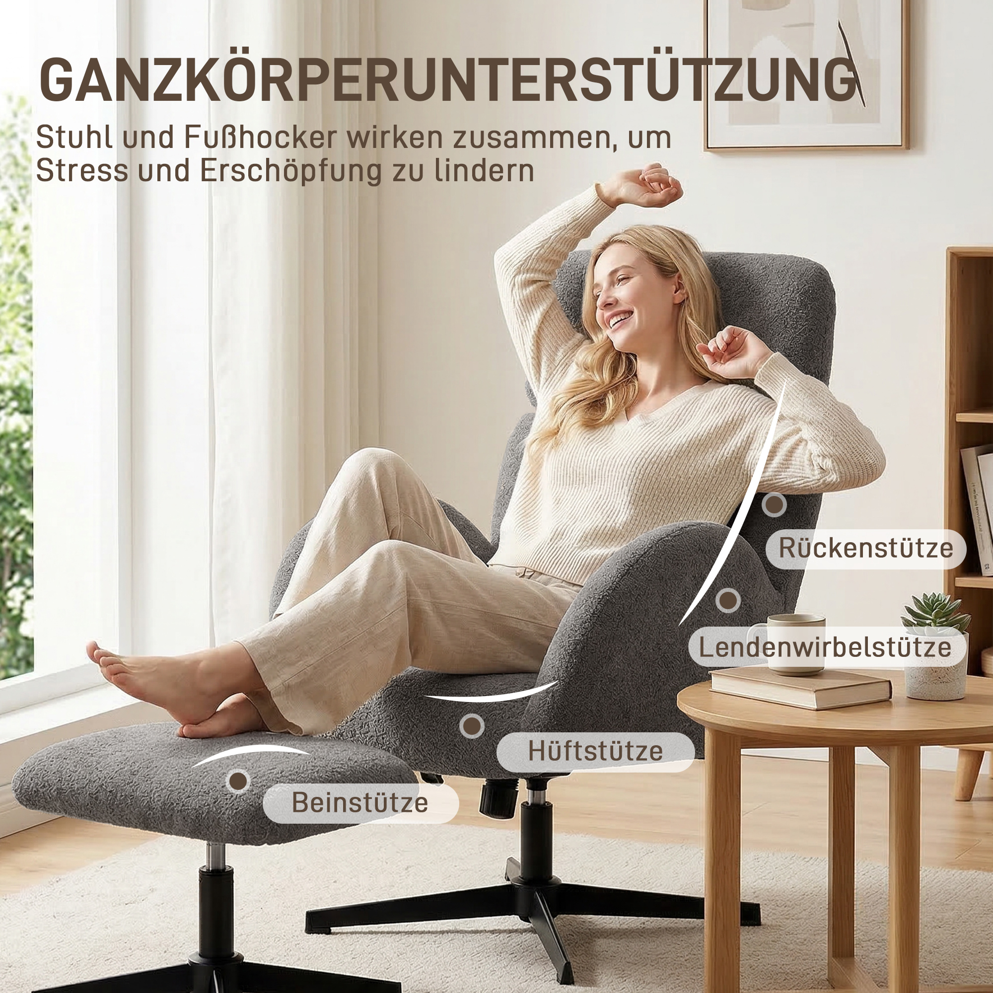 Drehbarer Sessel mit Fußhocker, höhenverstellbarer Akzentstuhl mit verstellbarer Kopfstütze, Schaukel-Funktion, Grau