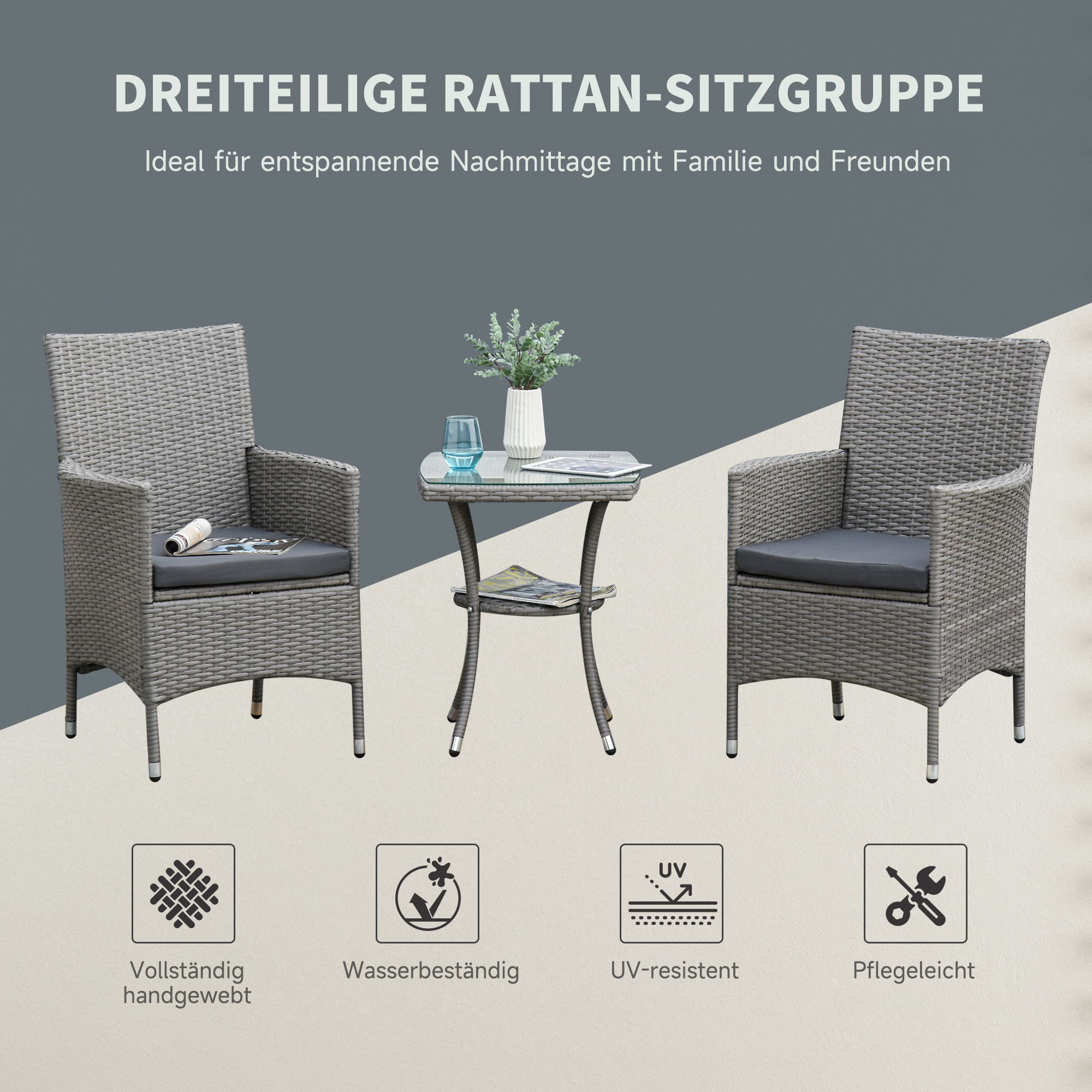 Polyrattan Gartenmöbel Set, Outdoor Lounge Balkonmöbel für 2 Personen, 3-teilig Sitzgruppe, 2 Stühle, Tisch Sitzkissen, Gartenlounge für Garten, Terrasse, Balkon, Grau