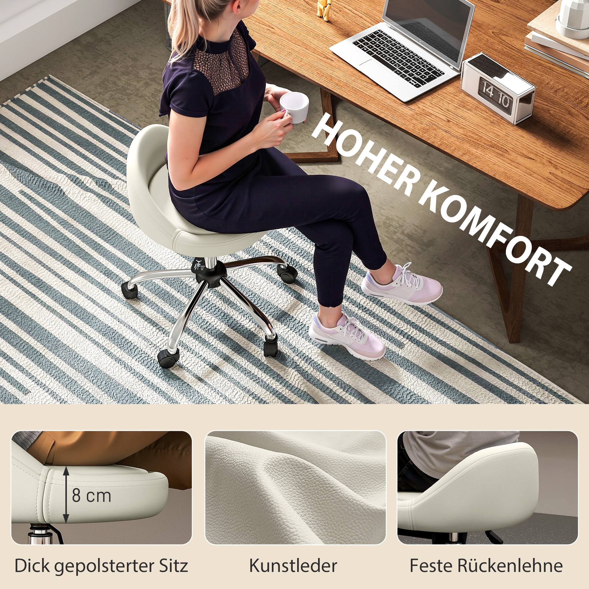 Arbeitshocker Drehhocker Rollhocker, höhenverstellbar, drehbare Sitzfläche, 50cm x 50 cm x 83 cm, Weiß