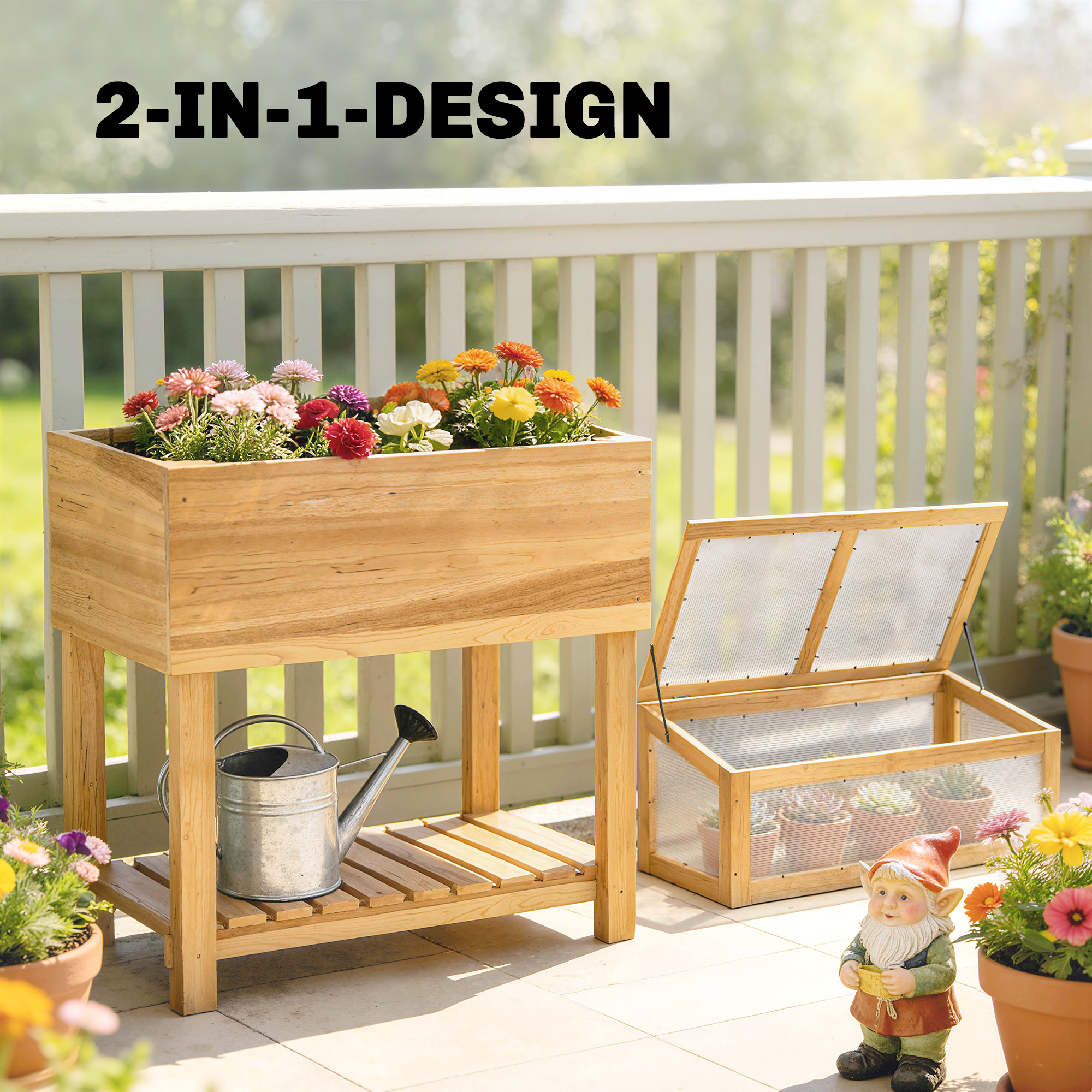 Hochbeet mit Frühbeetaufsatz aus Holz erhöhter Pflanzkasten mit aufklappbar Abdeckung Regal Vliesstoff Ergonomisch