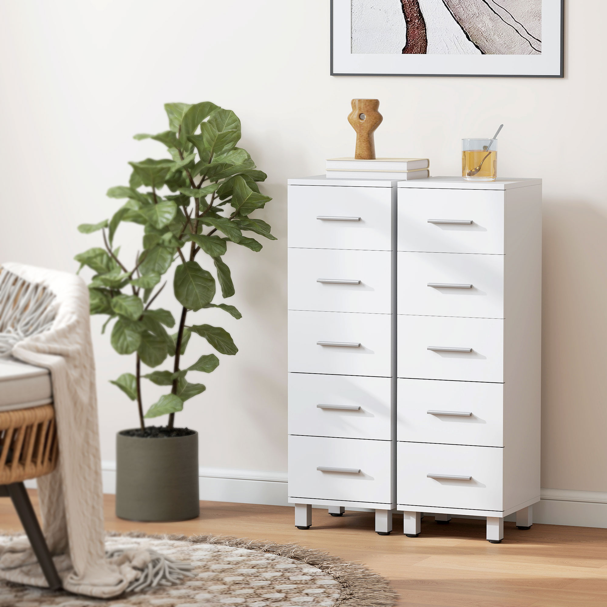 Badezimmerschrank Schmaler Badschrank mit 5 Schubladen für Badezimmer  30 x 30 x 95 cm Weiß