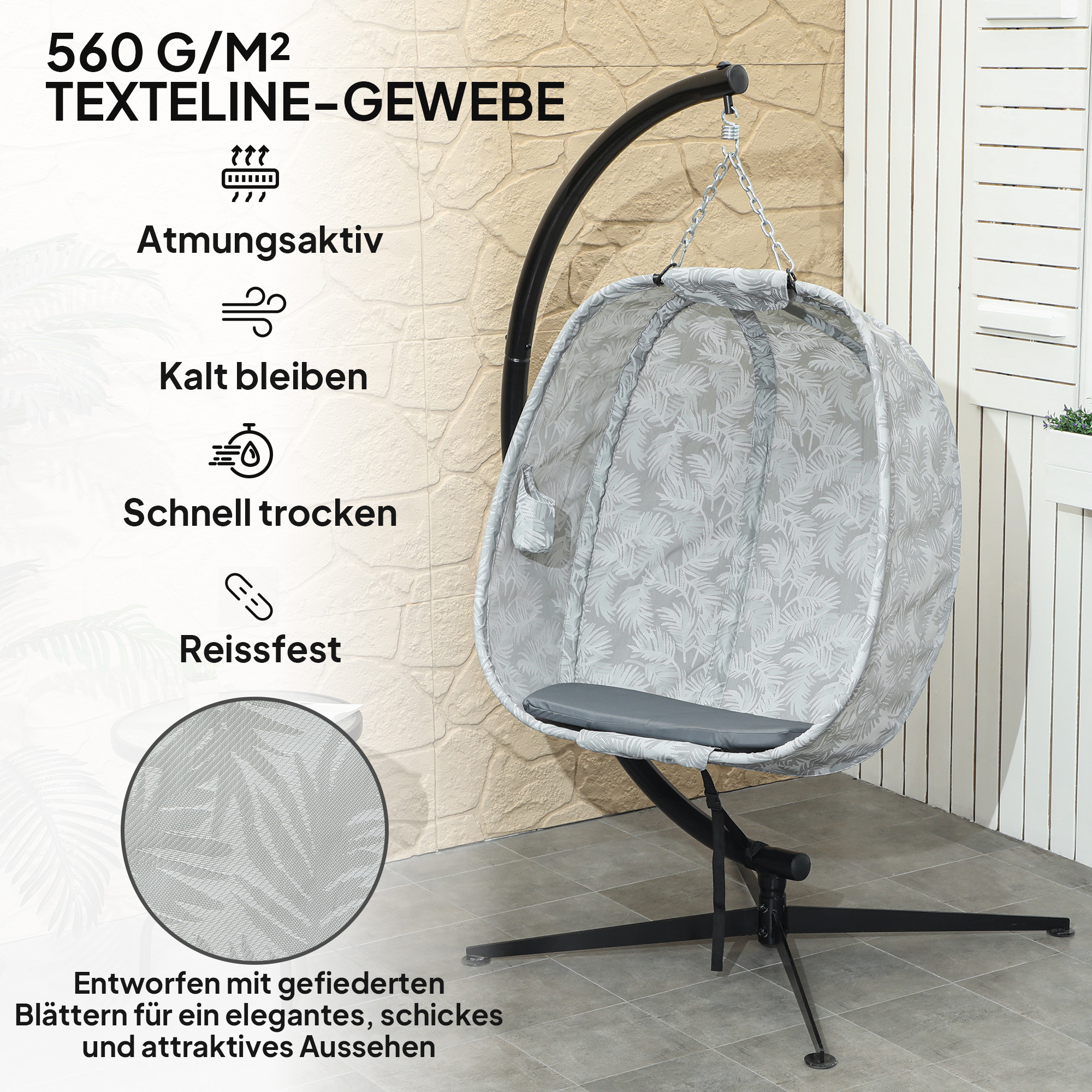 Eiförmiger Hängesessel für den Außenbereich, Hängeschaukel mit Gestell, Sitzpolstern Indoor Outdoor