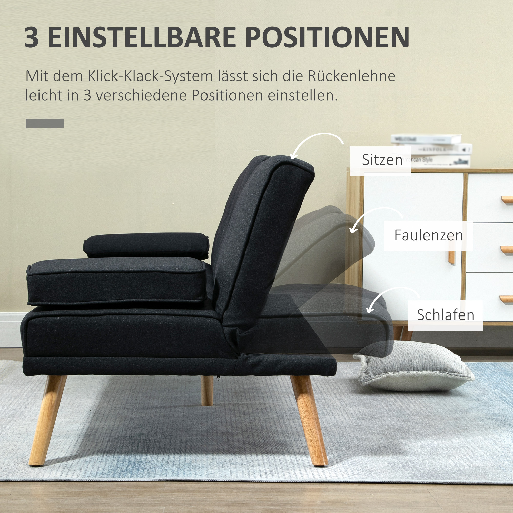 Schlafsofa, Gästebett, verstellbare Rückenlehne, klappbarer Tisch, 181x77x78 cm, Schwarz