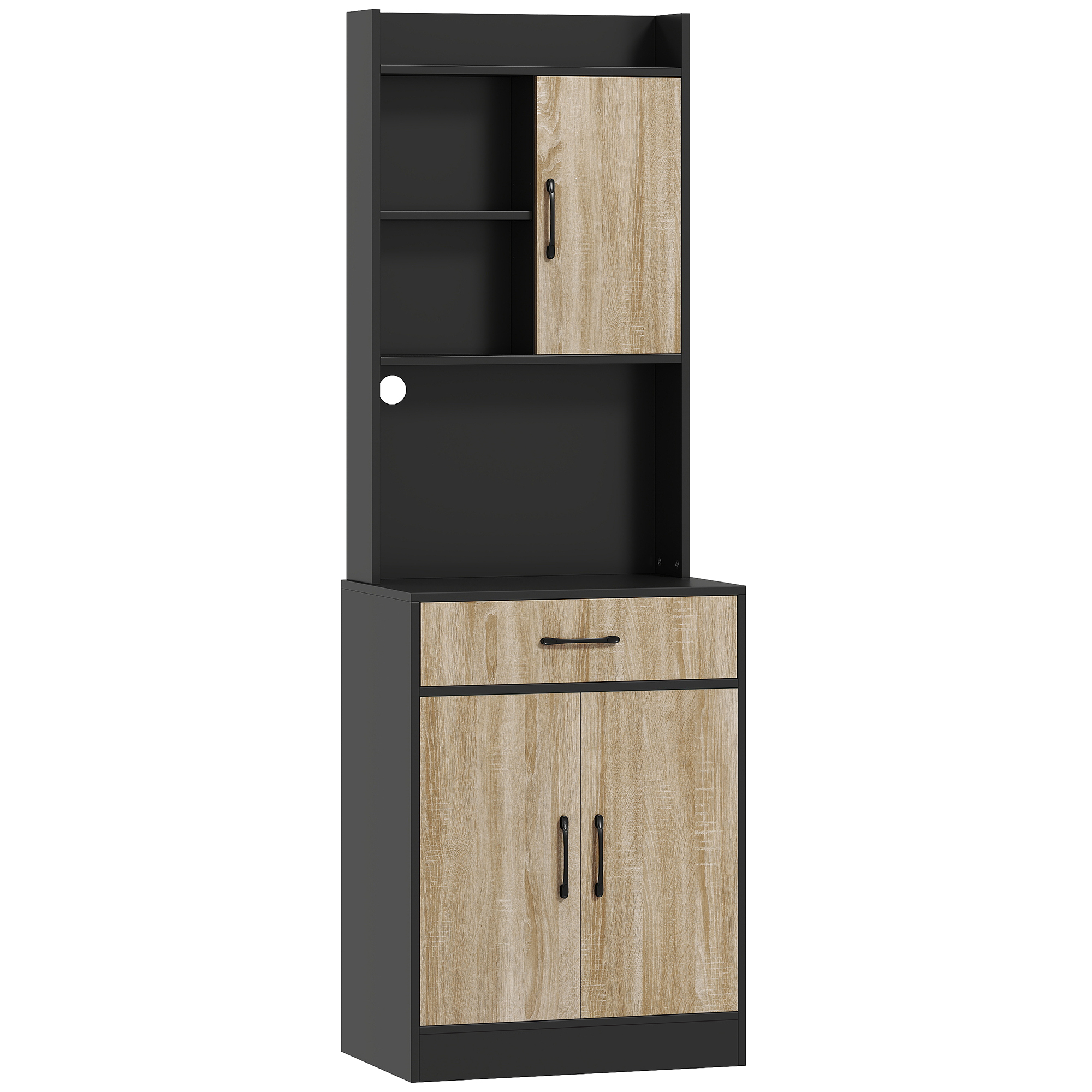 Küchenschrank mit Arbeitsfläche und Kabelloch, moderne Küchenkommode mit Schublade, 3 offene Regale, Naturholz, Schwarz Küchenschrank mit Arbeitsfläche und Kabelloch, moderne Küchenkommode mit Schublade, 3 offene Regale, Naturholz, Schwarz