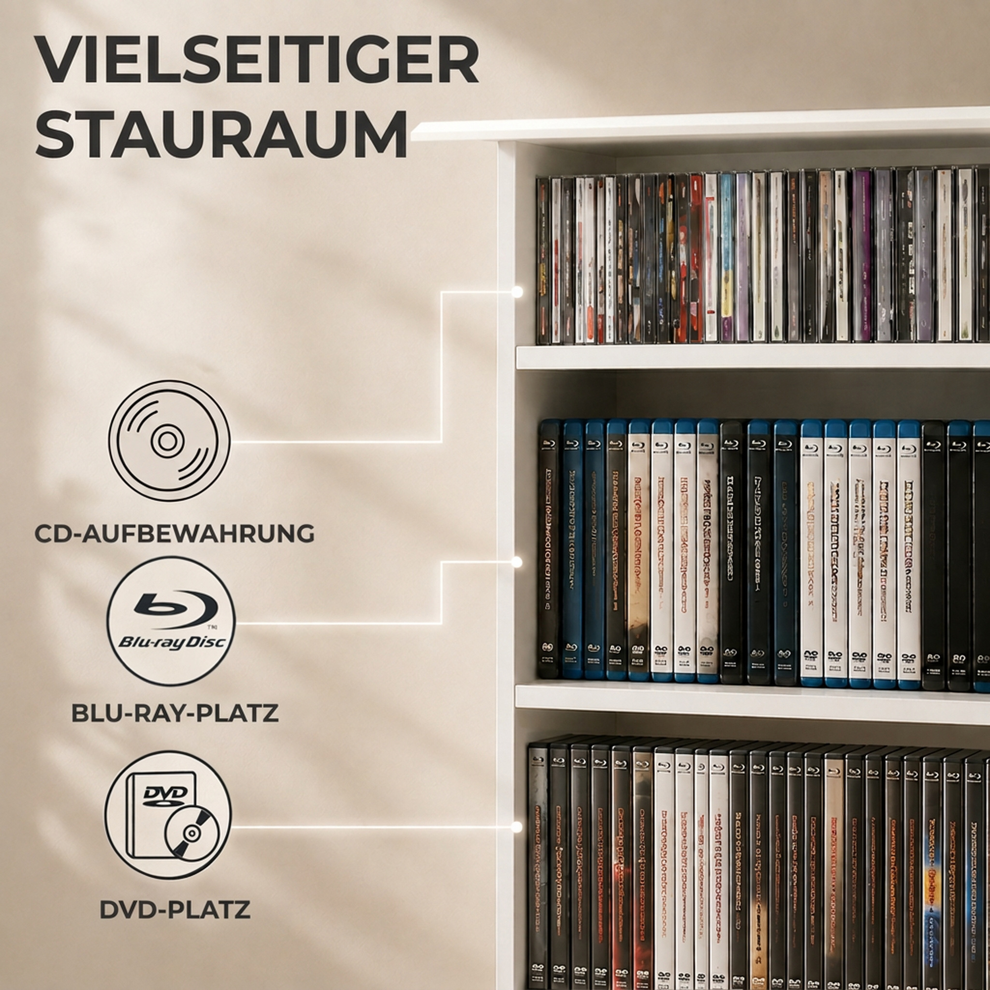 Schmaler Medienschrank, 8 Ebenen, 6 verstellbare Einlegeböden, 8 Fächer, für 360 CDs, Weiß