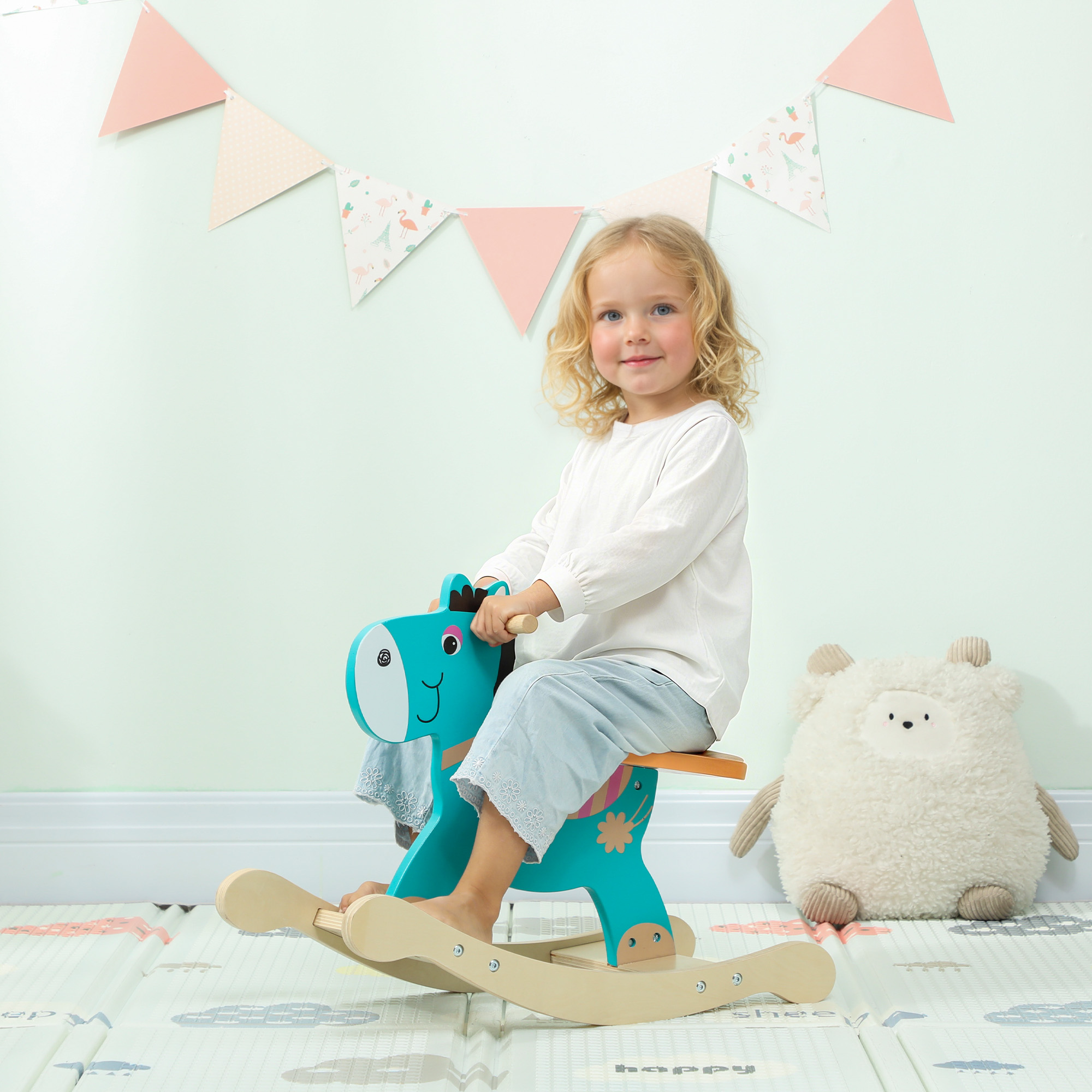 Schaukeltier Esel Baby Schaukelspielzeug mit Haltegriffen Schaukel Schaukelsitz 59 x 27 x 43 cm Blaugrün