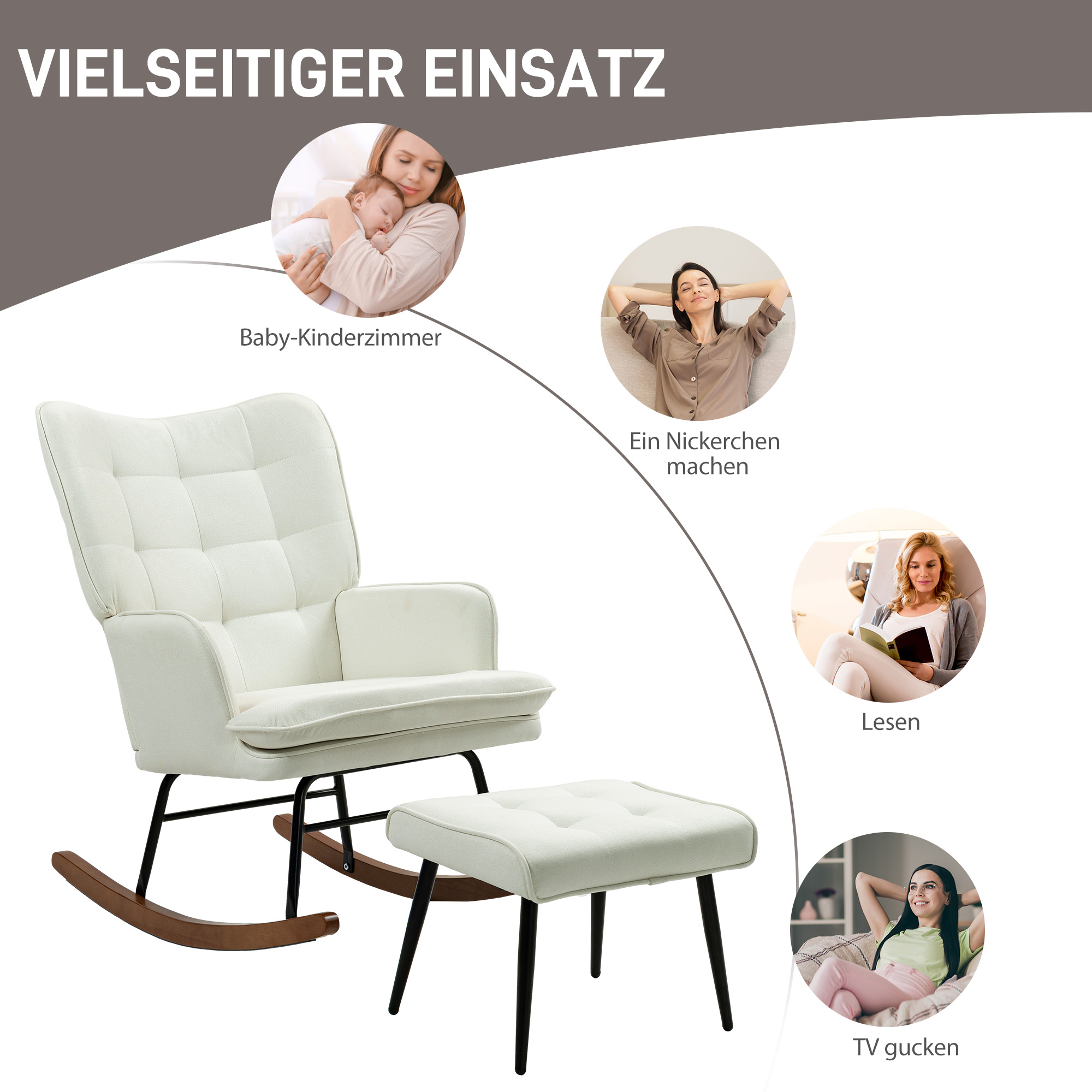 Schaukelstuhl mit Hocker, sanftes Schaukelsystem, Leinenimitat, 64 x 89 x 90 cm, Cremeweiß
