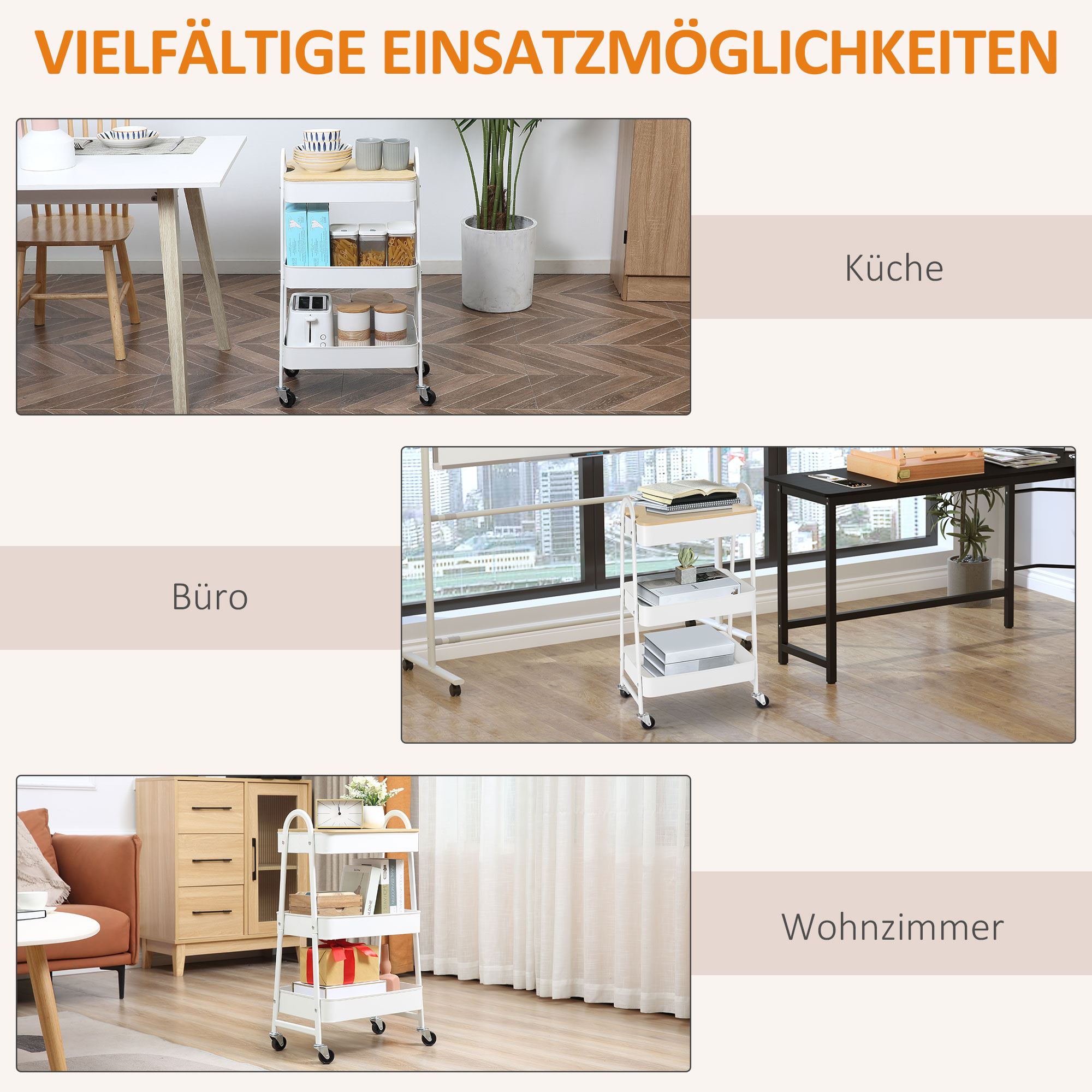 Servierwagen mit 3 Ebenen Küchenwagen mit Rollen Griff Küchenregal mit Korb und Deckel Rollwagen Allzweckwagen für Küche Büro Badezimmer, Weiß