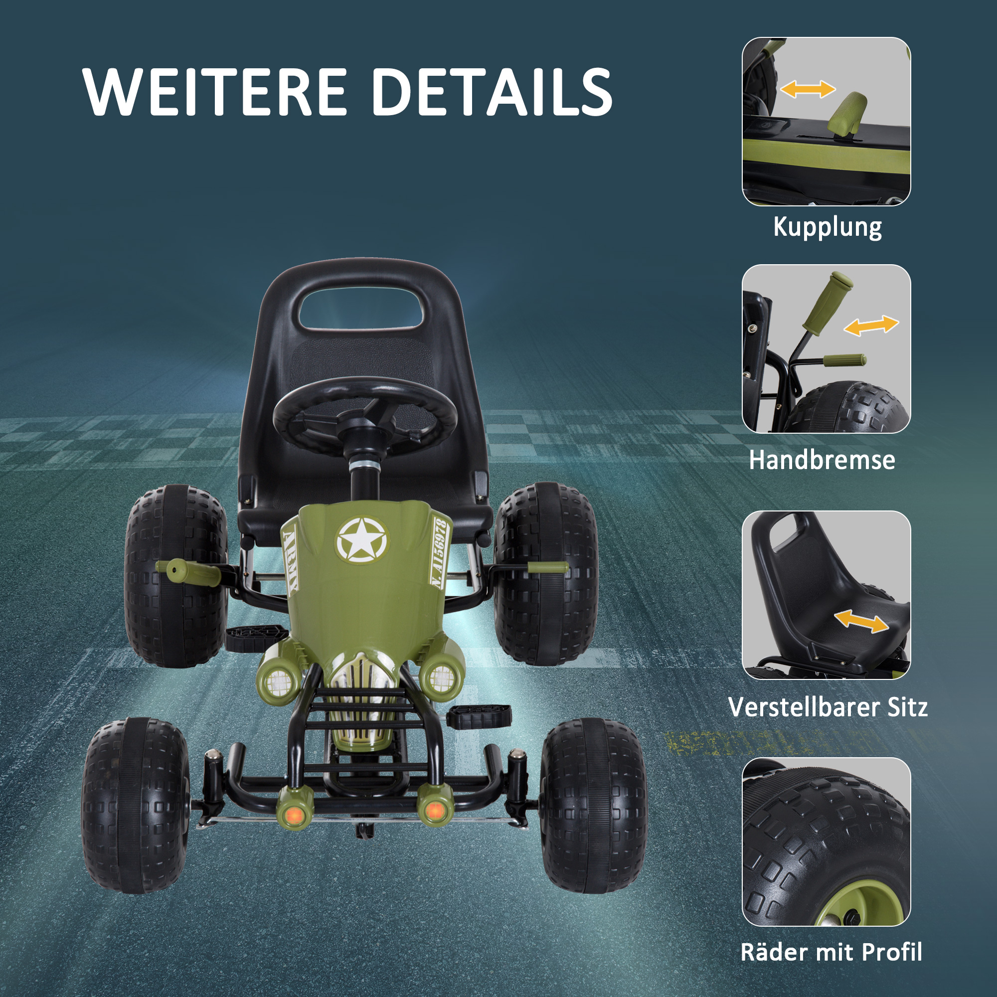 Go Kart Tretauto Tretfahrzeug mit Handbremse, Vor- und Rückwärtsgang, Kinderfahrzeug Kettcar Tretfahrzeug mit Verstellbarem Sitz für Kinder 3-6 Jahren, 99 x 65 x 56cm Grün