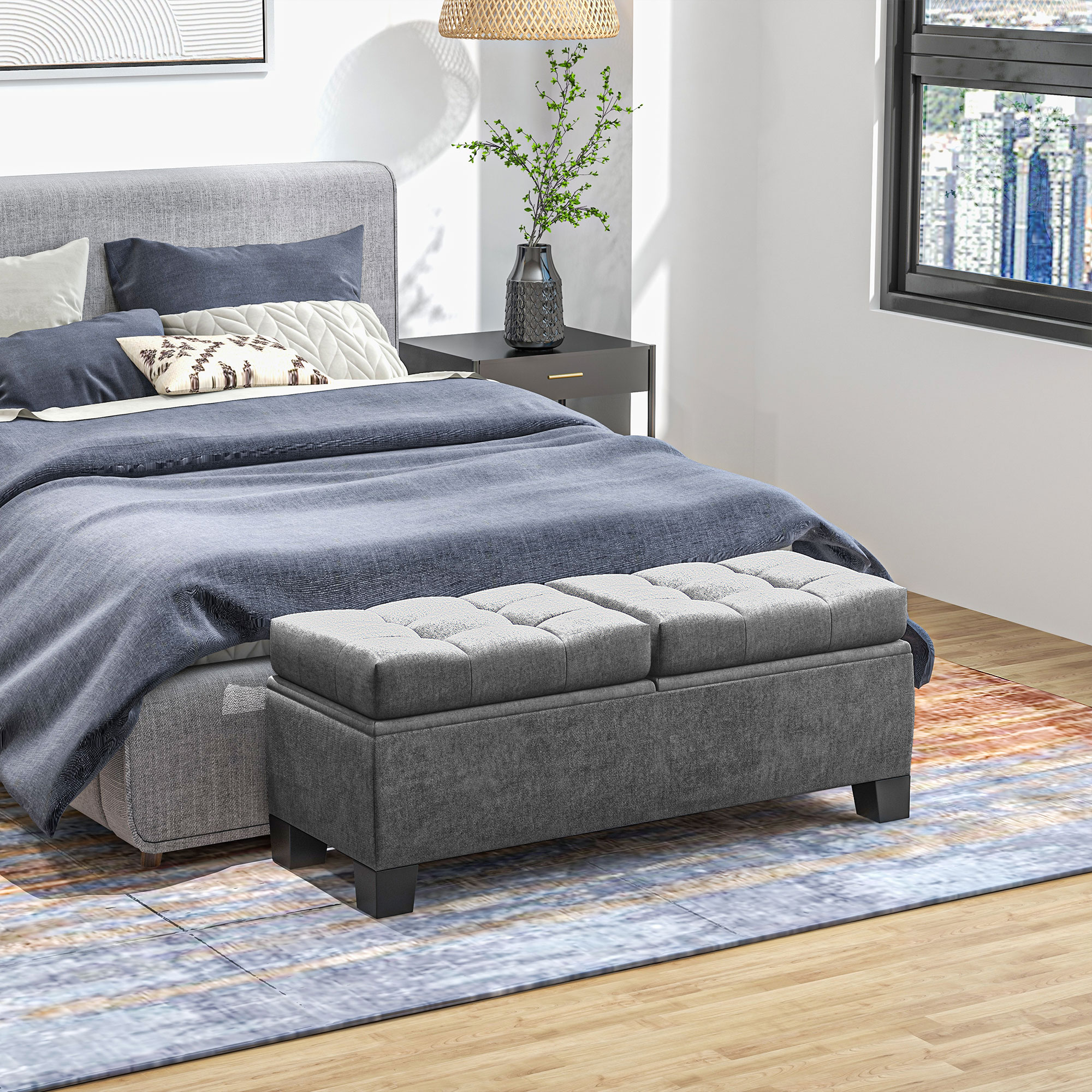 Sitzbank mit Stauraum, Polsterbank mit Leinenoptik, Gepolsterte Aufbewahrungsbox bis 180kg belastbar, für Flur, Schlafzimmer, Wohnzimmer, 116x41x47 cm, Grau