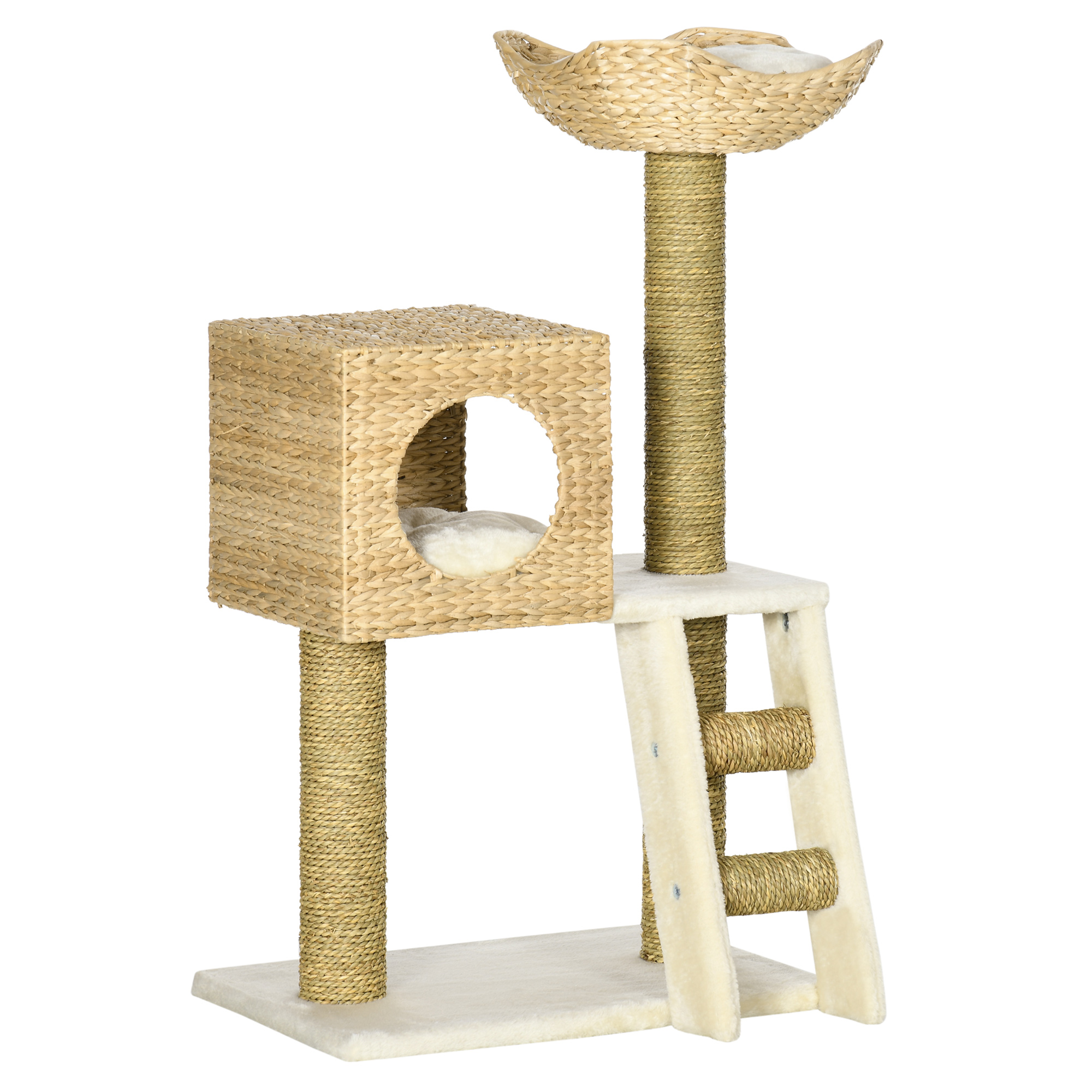 Kratzbaum mit Katzenhaus, Sisal-Kratzsäulen, waschbare Kissen, 100,5H x 57L x 37B cm, Weiß/Natur