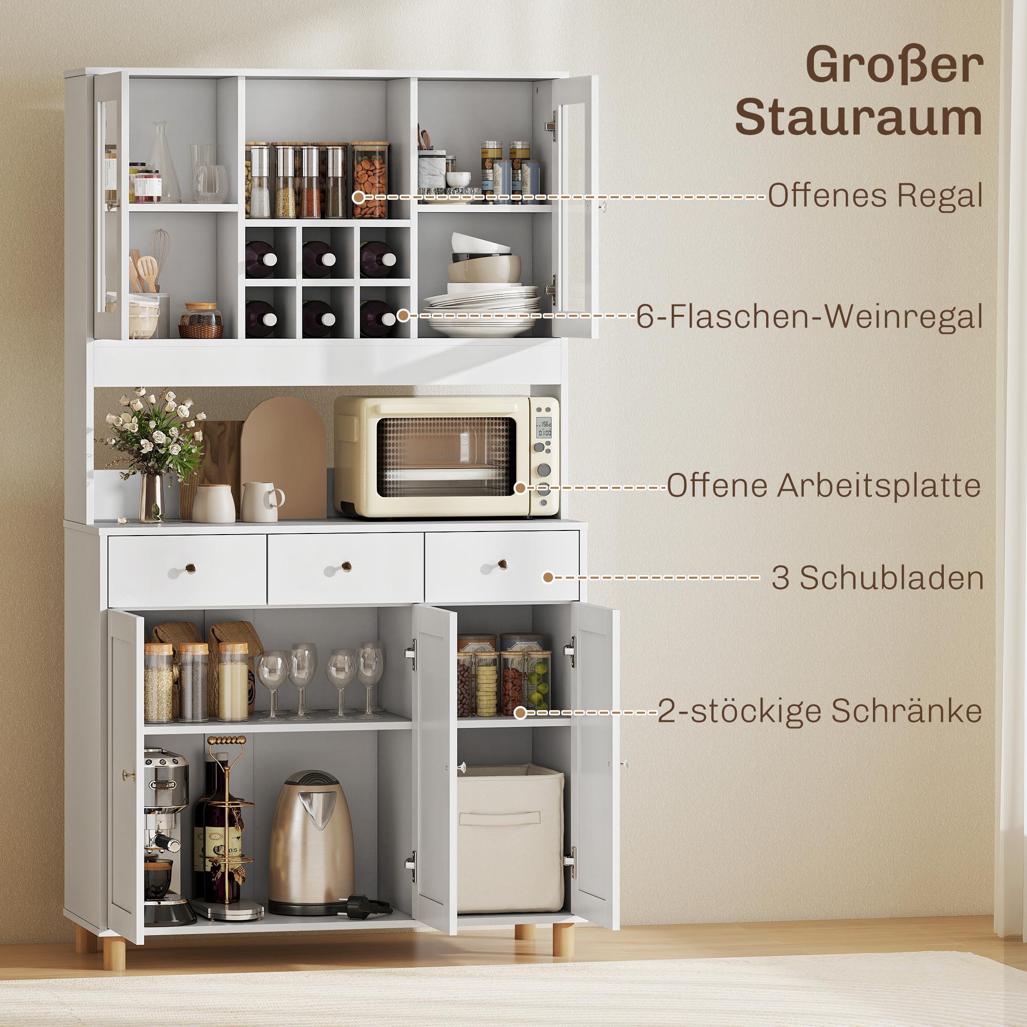 180 cm Küchenschrank, 2 Glastüren, 3 Schubladen, 4 verstellbare Regale, Esszimmerschrank, Spanplatte, Weiß