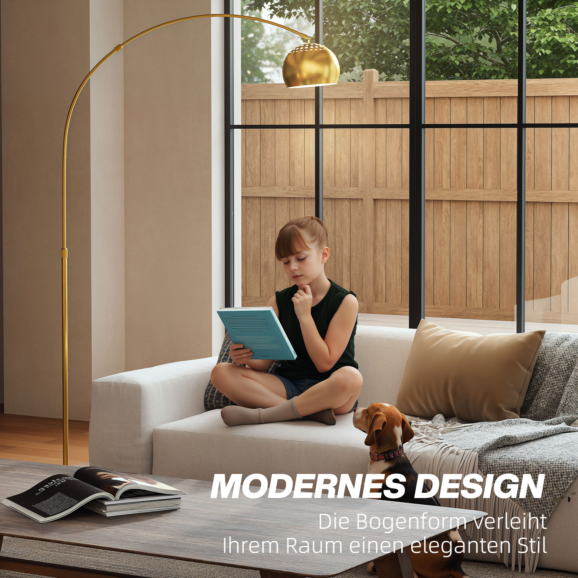 Stehlampe, Bogen-Design mit Marmorsockel, 180 cm, Schwarz+Gold