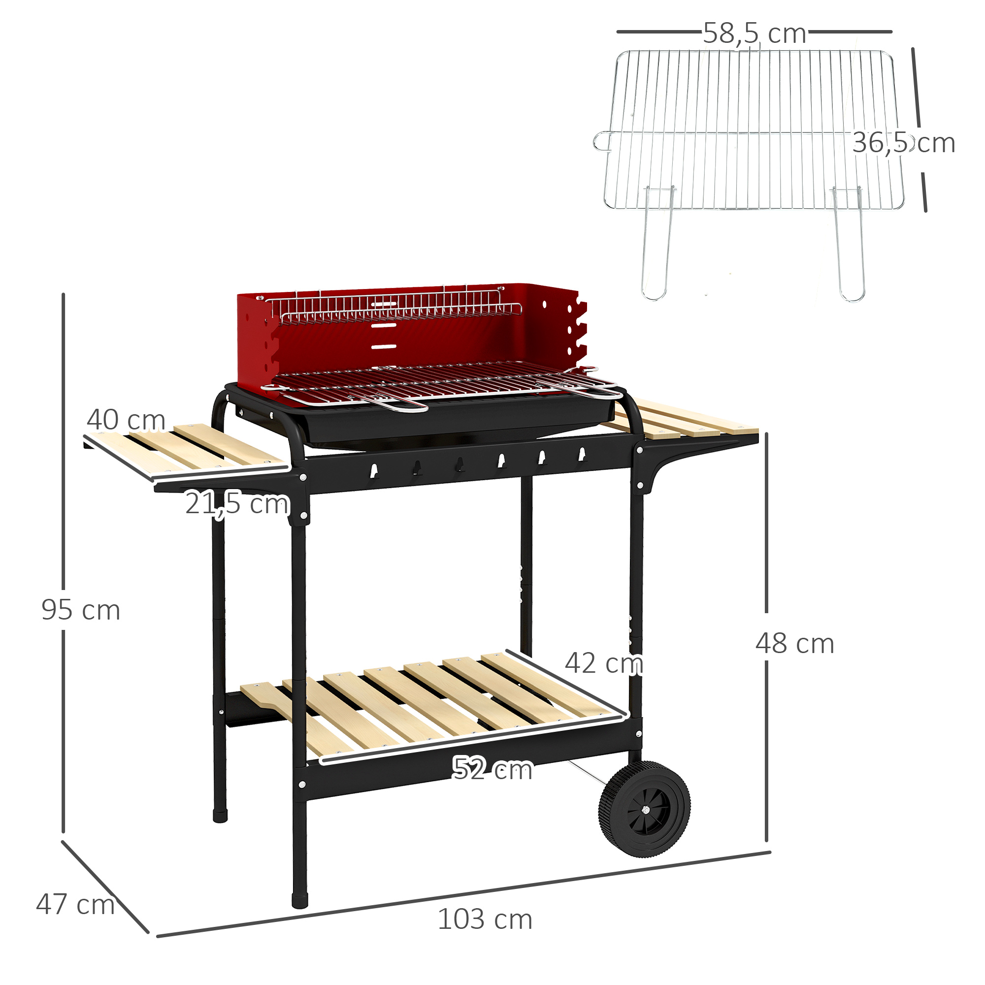 Holzkohlegrill aus Metall BBQ Smoker mit Räder, höheverstellbar Grillrost, Holzablage 103x47x95 cm Rot