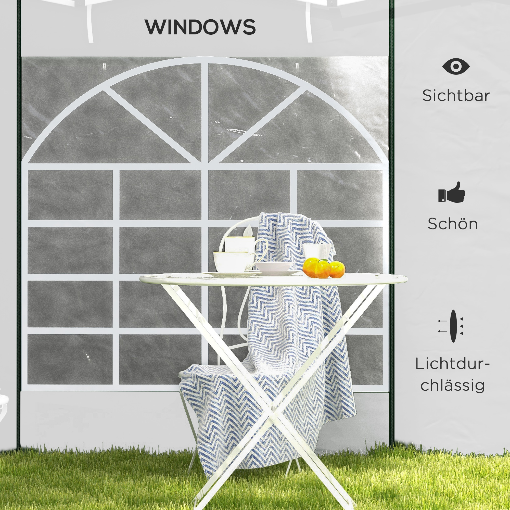 Pavillon-Vorhänge, 2er-Set, für 3x6m oder 3x3m Gartenpavillons, mit Fenstern und Türen, Weiß