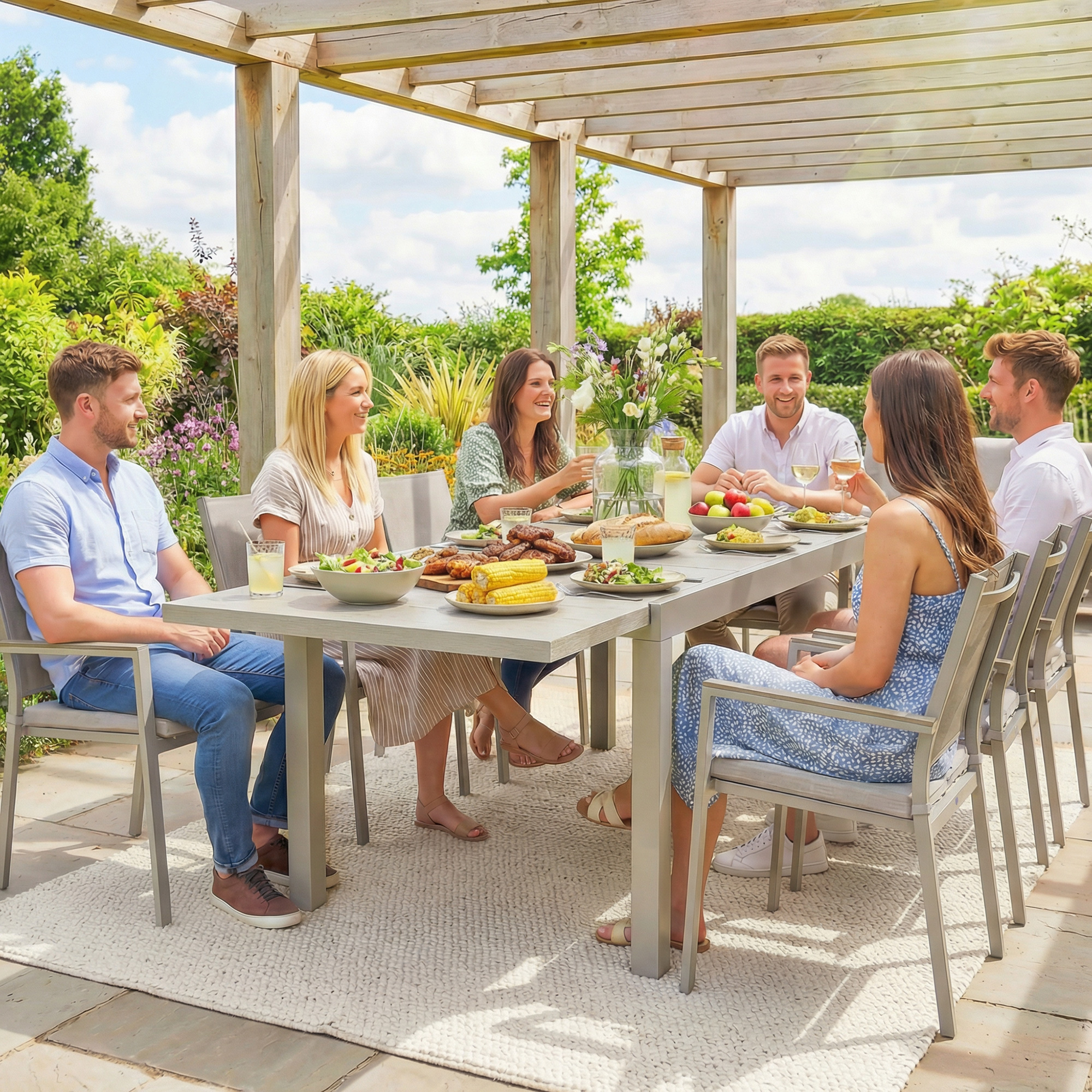 Gartentisch Ausziehbarer 154/214 x 85 cm Aluminium Esstisch für 8-10 Personen mit Holzoptik Hellgrau