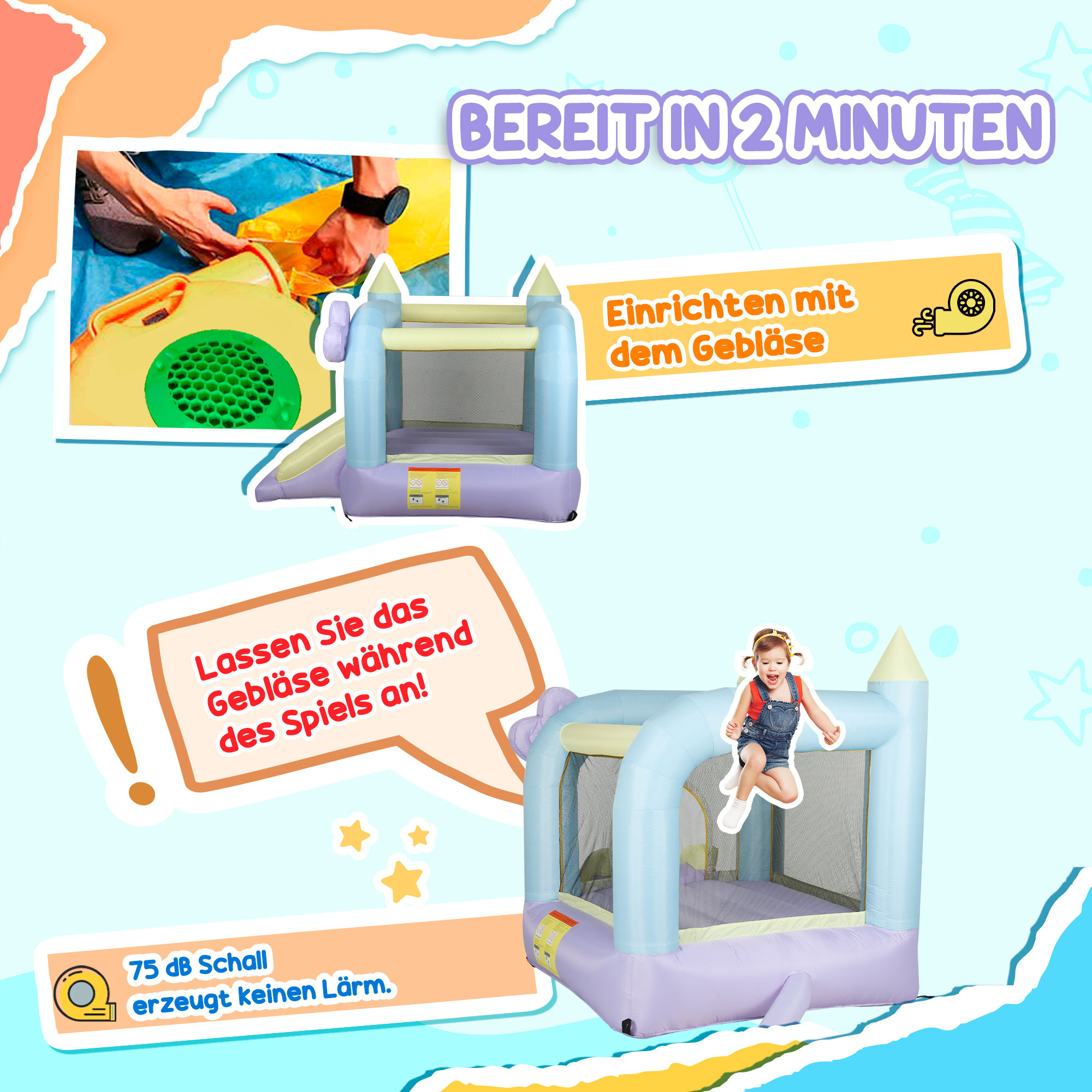 Hüpfburg mit Rutschen, Netzumzäunung, Oxford-Gewebe, Bodenanker, Tragetasche