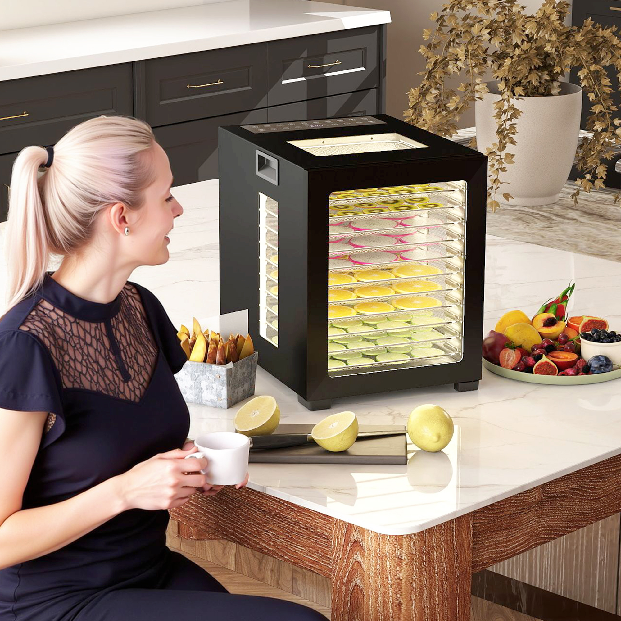 Dörrautomat Dörrgerät, 850 W, 40-70°C Temperaturregler, 48 Std. Timer, 12 Einlegefächer Edelstahl Schwarz