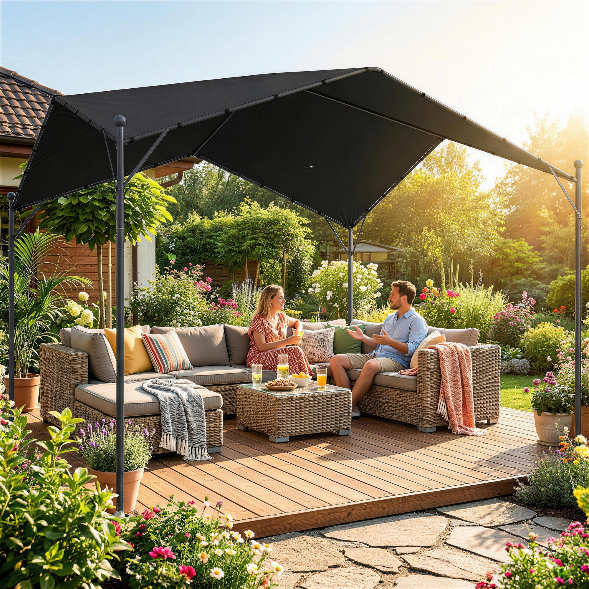 Pergola Pavillon 3x3m Wasserabweisend Stabil winterfest Sonnenschutz mit Satteldach Dreiecksverstrebungen