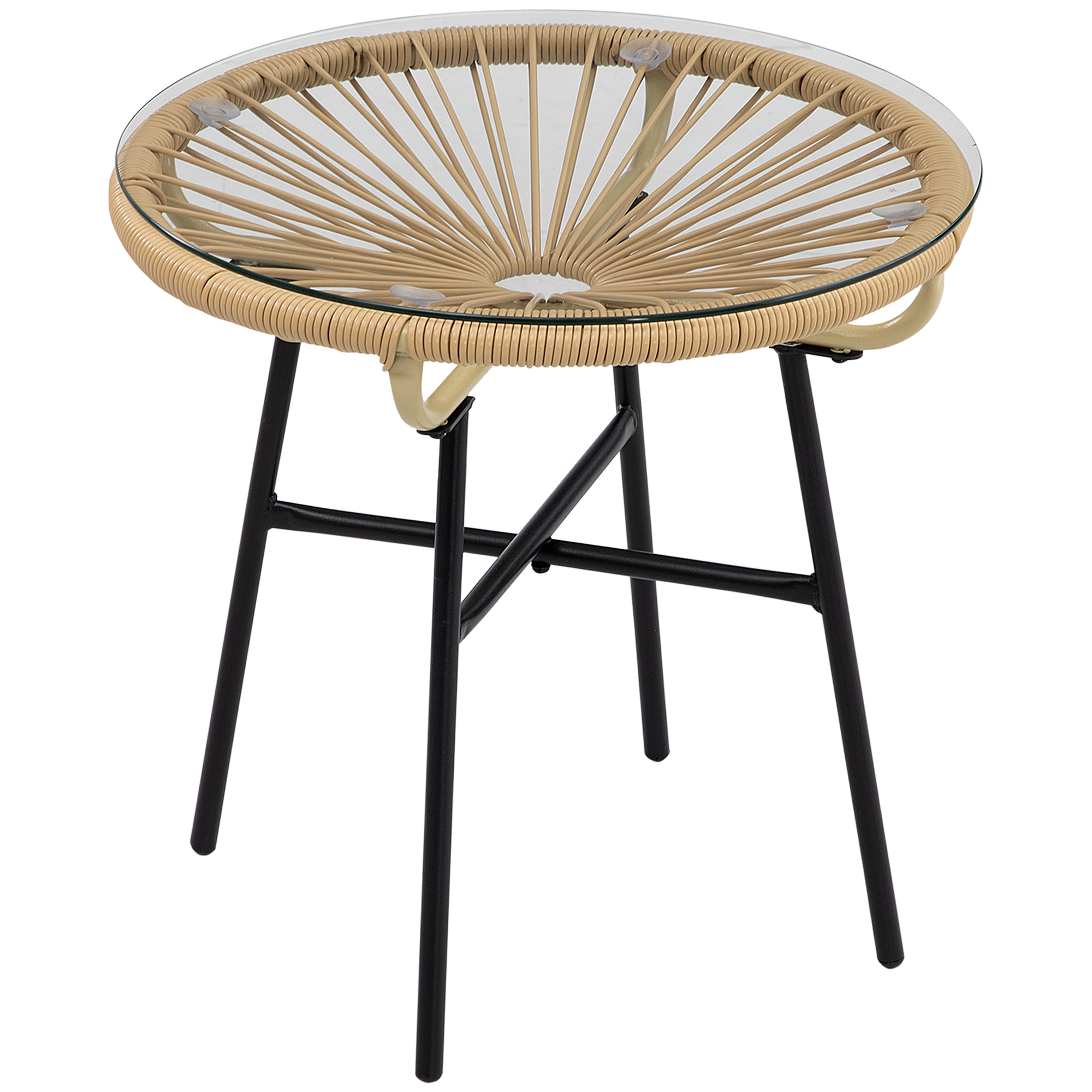 Gartentisch im Boho-Stil, PE-Rattan, gehärtetes Glas, wetterbeständig, 50 cm x 50 cm x 50 cm, Beige