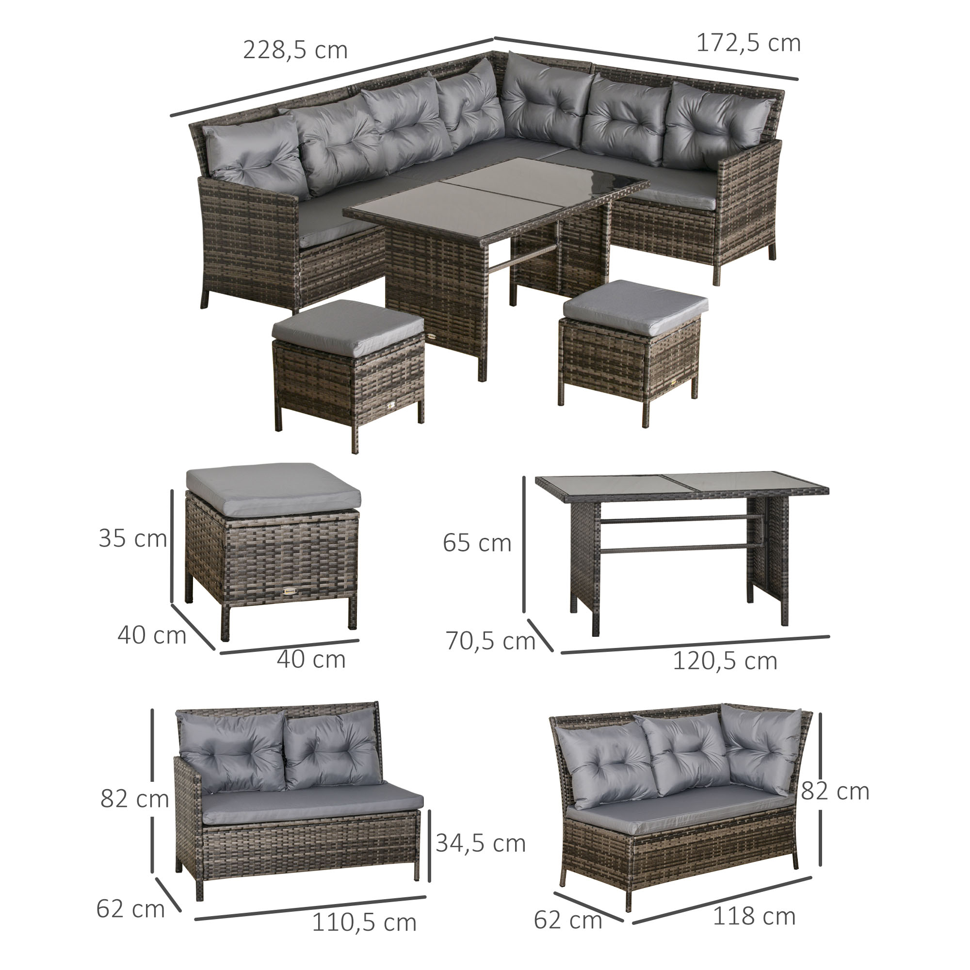 Gartenmöbel-Set aus PE-Rattan, für 5 Personen, Rattan-Lounge-Set, abnehmbare Polster, Grau + Braun