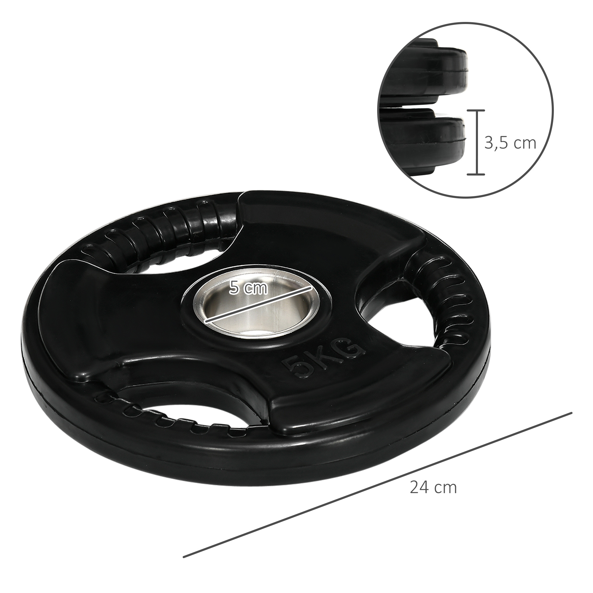 Hantelscheibe, 2er-Set, 5 kg pro Scheibe, drei Griffe, bodenschonender Gummimantel, Metall