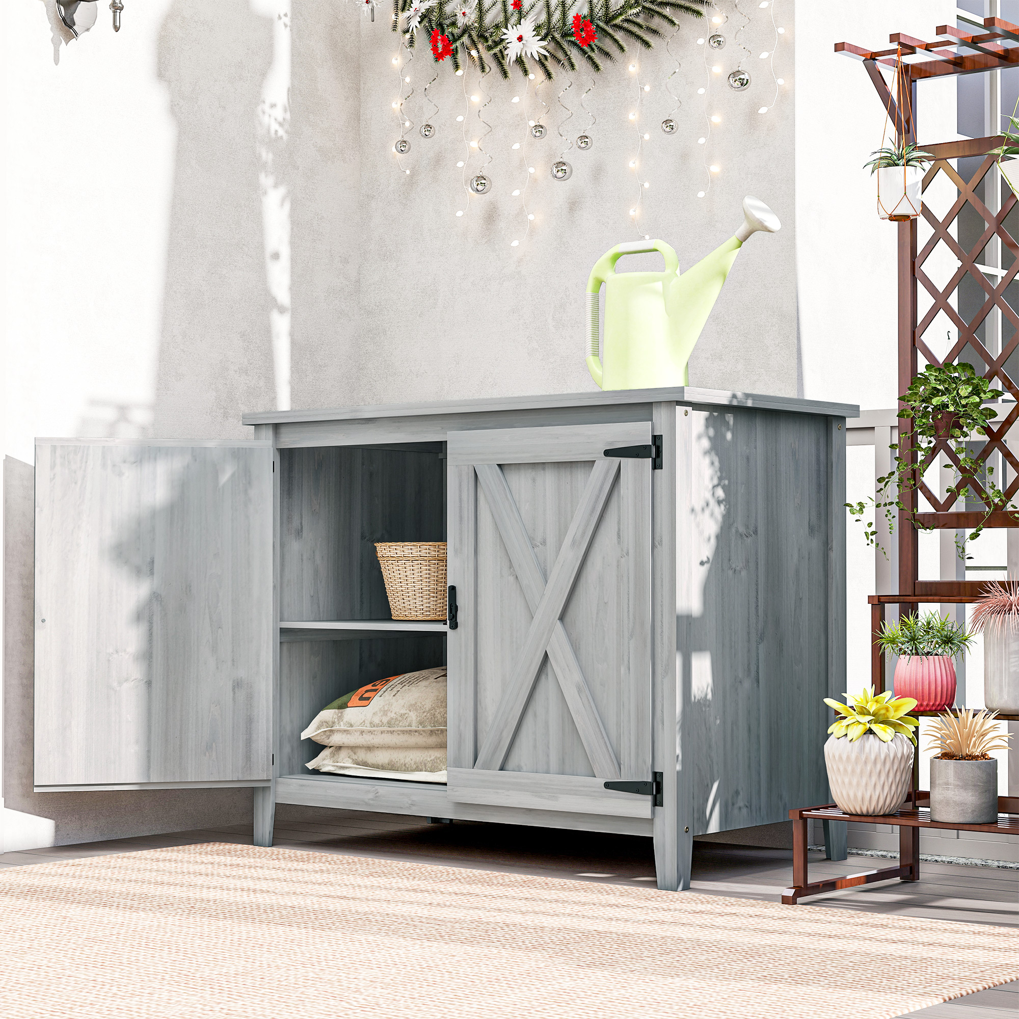 Gartenschrank, Holzschrank für Gartengeräte, Outdoor-Schrank für Terrasse, mit Doppeltüren, Scheunendesign, Hellgrau