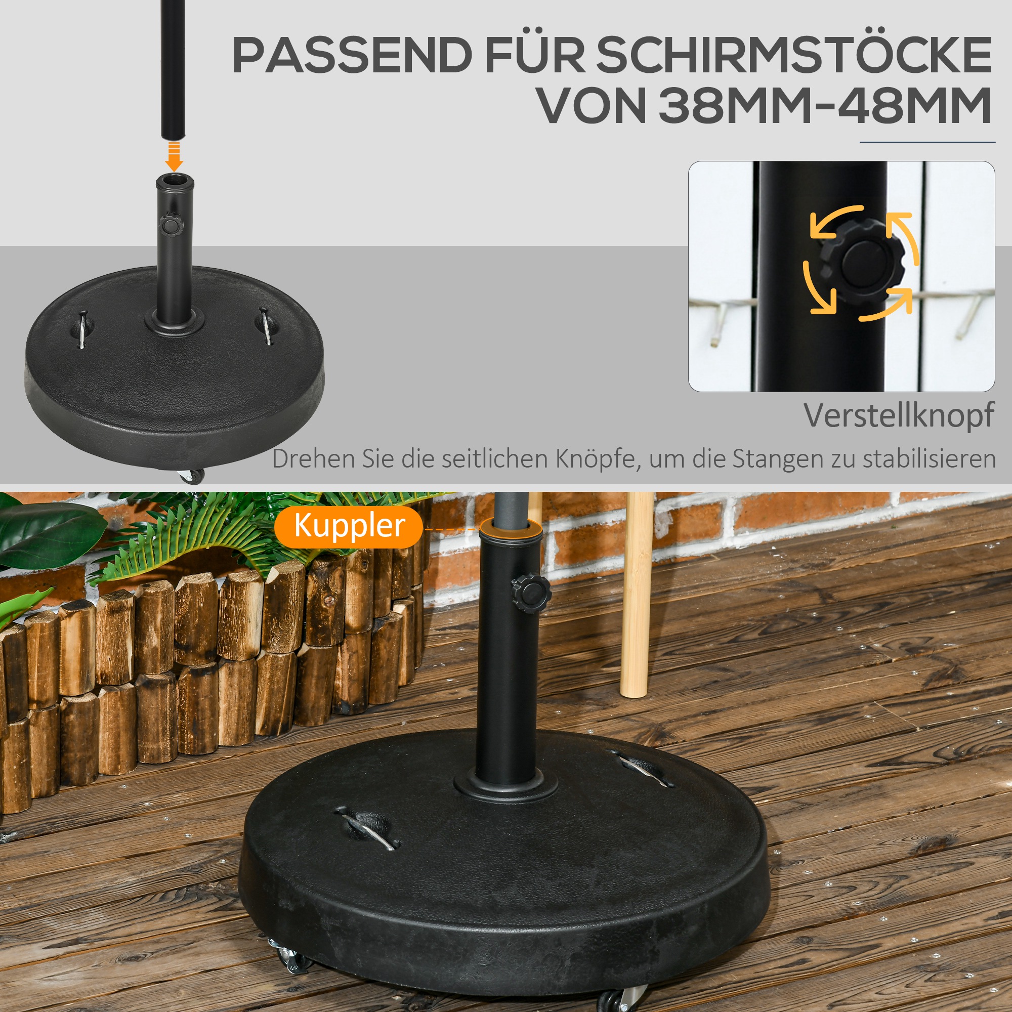 Sonnenschirmständer Sonnenschirmfuß Sonnenschirmhalter, wetterbeständig, mit Rollen, Ø53 x 41H cm, Schwarz