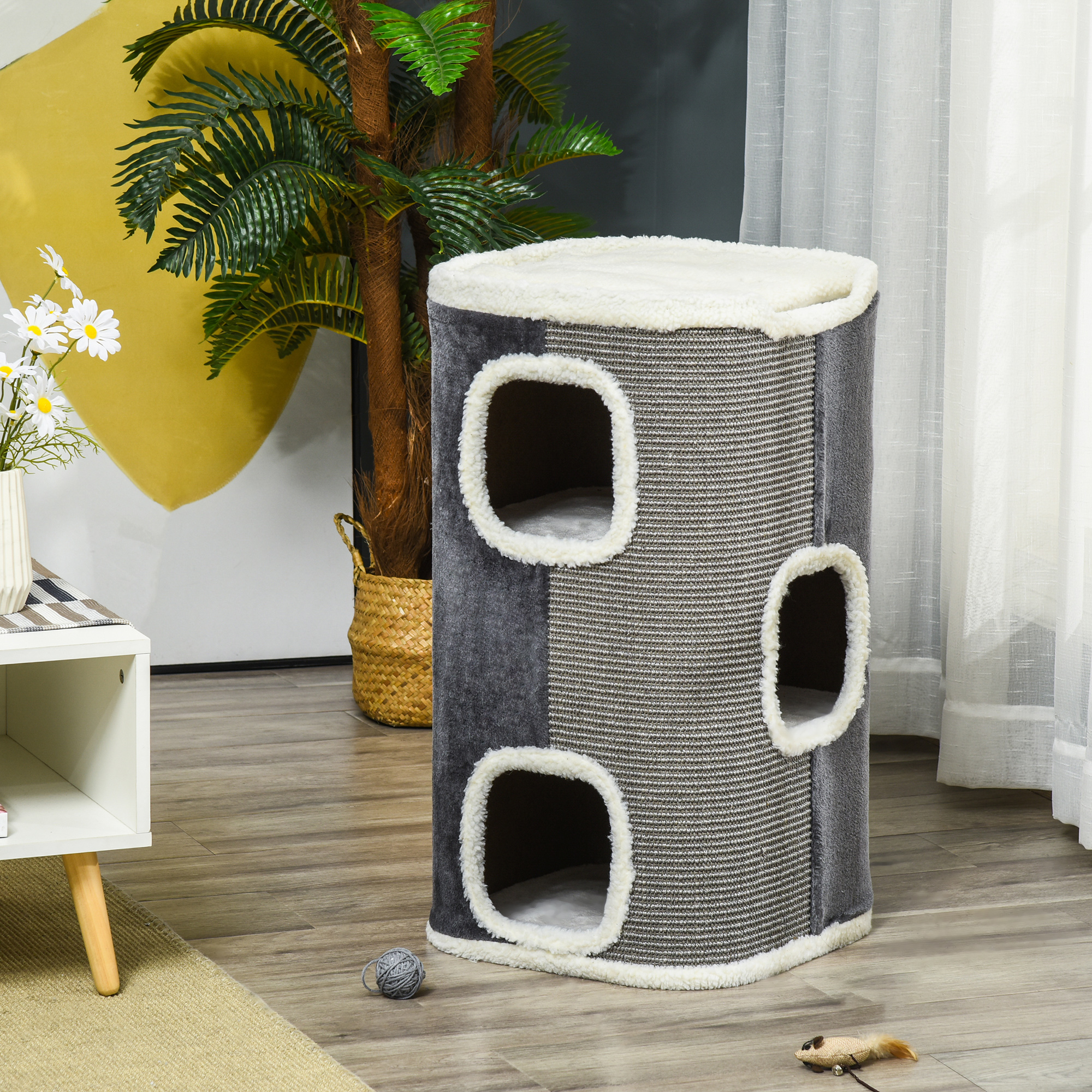 Kratztonne für Katzen Katzenkratzbaum 3 Ebenen Katzenbaum Kletterbaum für Katzen Katzenmöbel Spanplatte samtartiges Polyester Sisal Grau+Weiß 40 x 40 x 74 cm