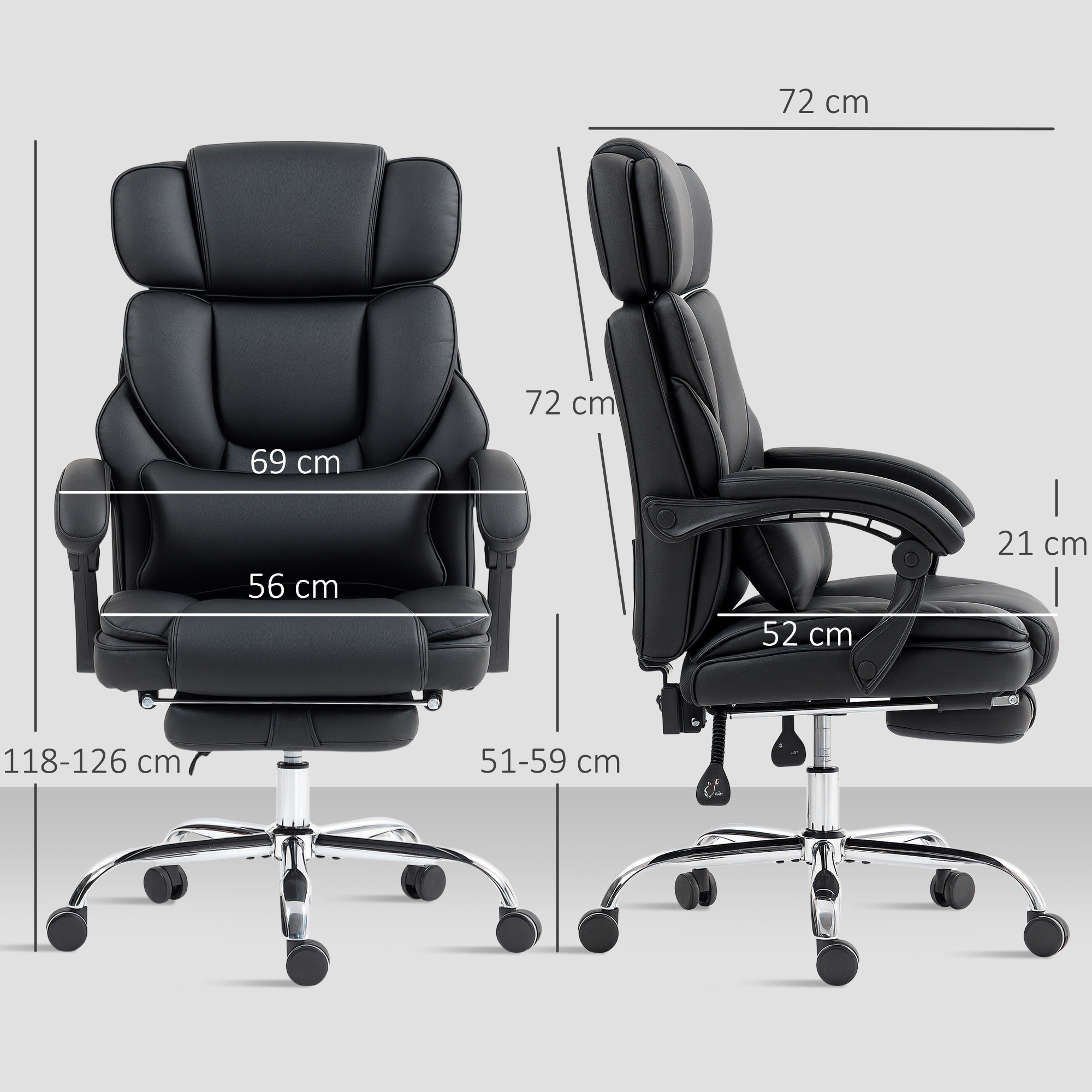 Bürostuhl Ergonomischer Höhenverstellbarer Drehstuhl mit Lendenwirbelstütze, Armlehne, Fußstütze, PU-Leder, Schwarz