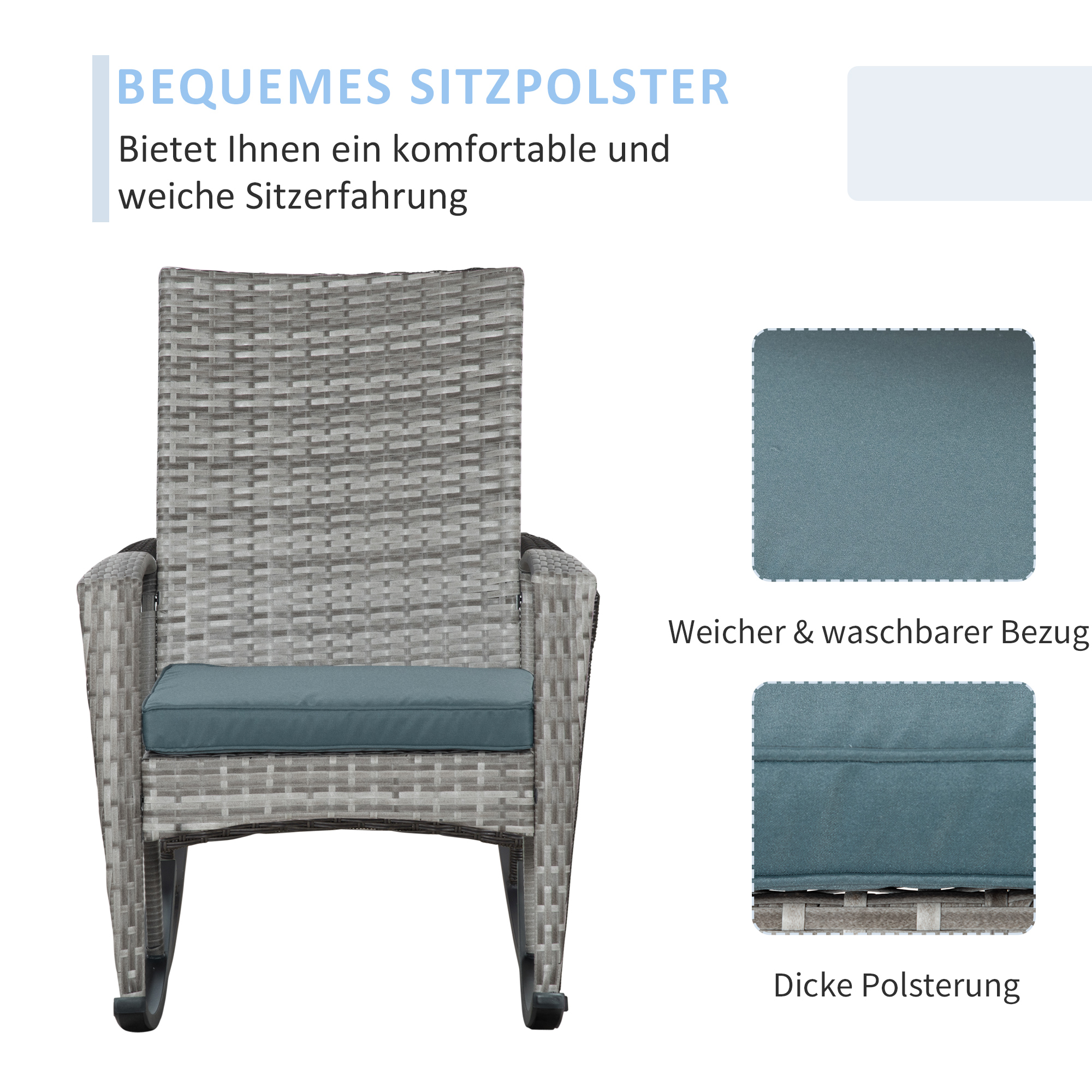 Schaukelstuhl Schwingsessel Gartenstuhl mit Kissen, Polyrattan+Metall, Grau, 66 x 88 x 98 cm