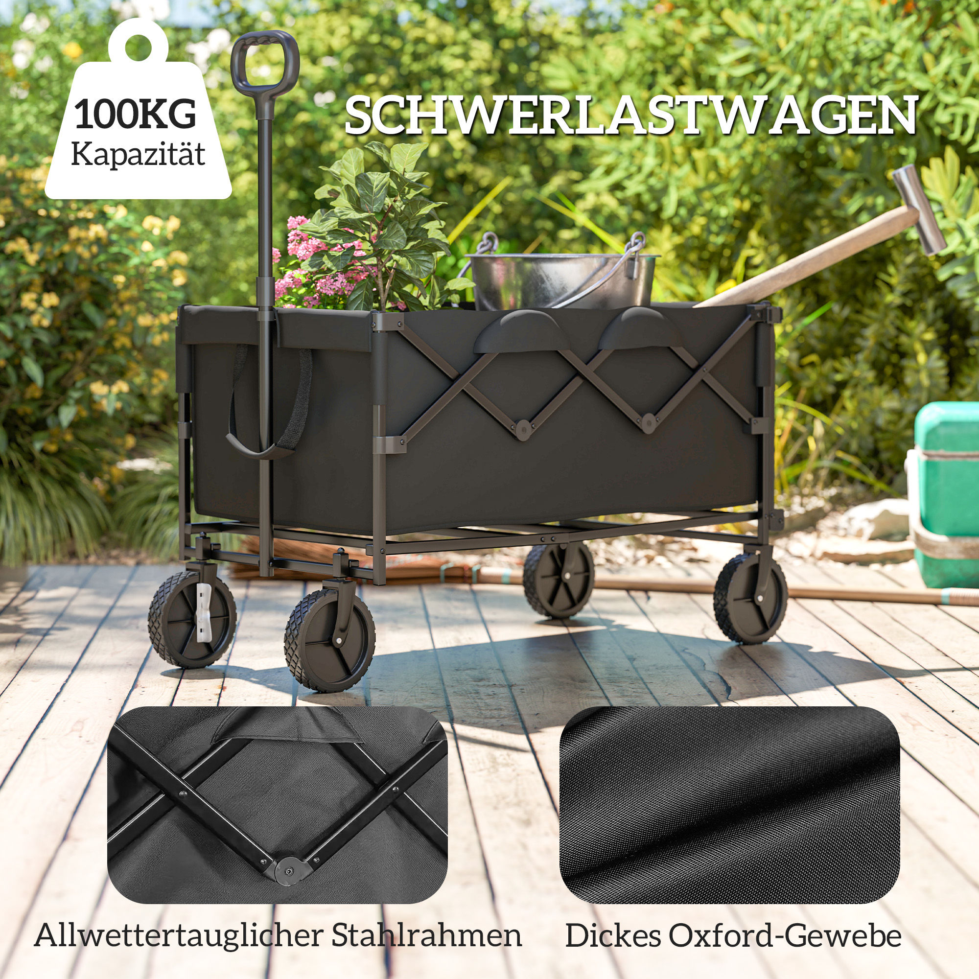 Gartenwagen 100 kg belastbar klappbar Erweiterter Transportwagen mit herausnehmbare Plane Schwarz