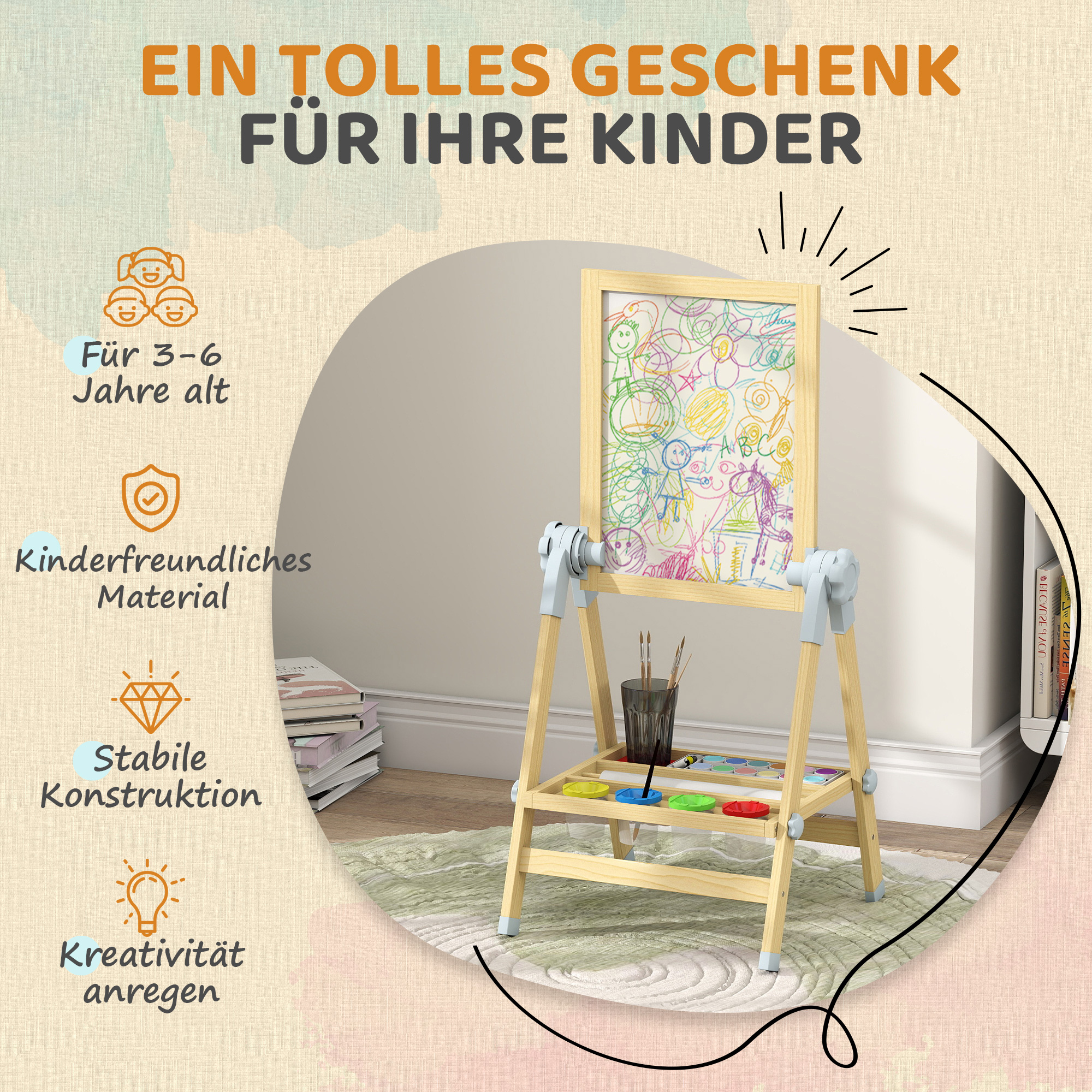 Kinder Staffelei aus Holz, Doppelseitige Whiteboard und Tafel Höhenverstellbar Standtafel mit Papierrolle, Ablage, Natur