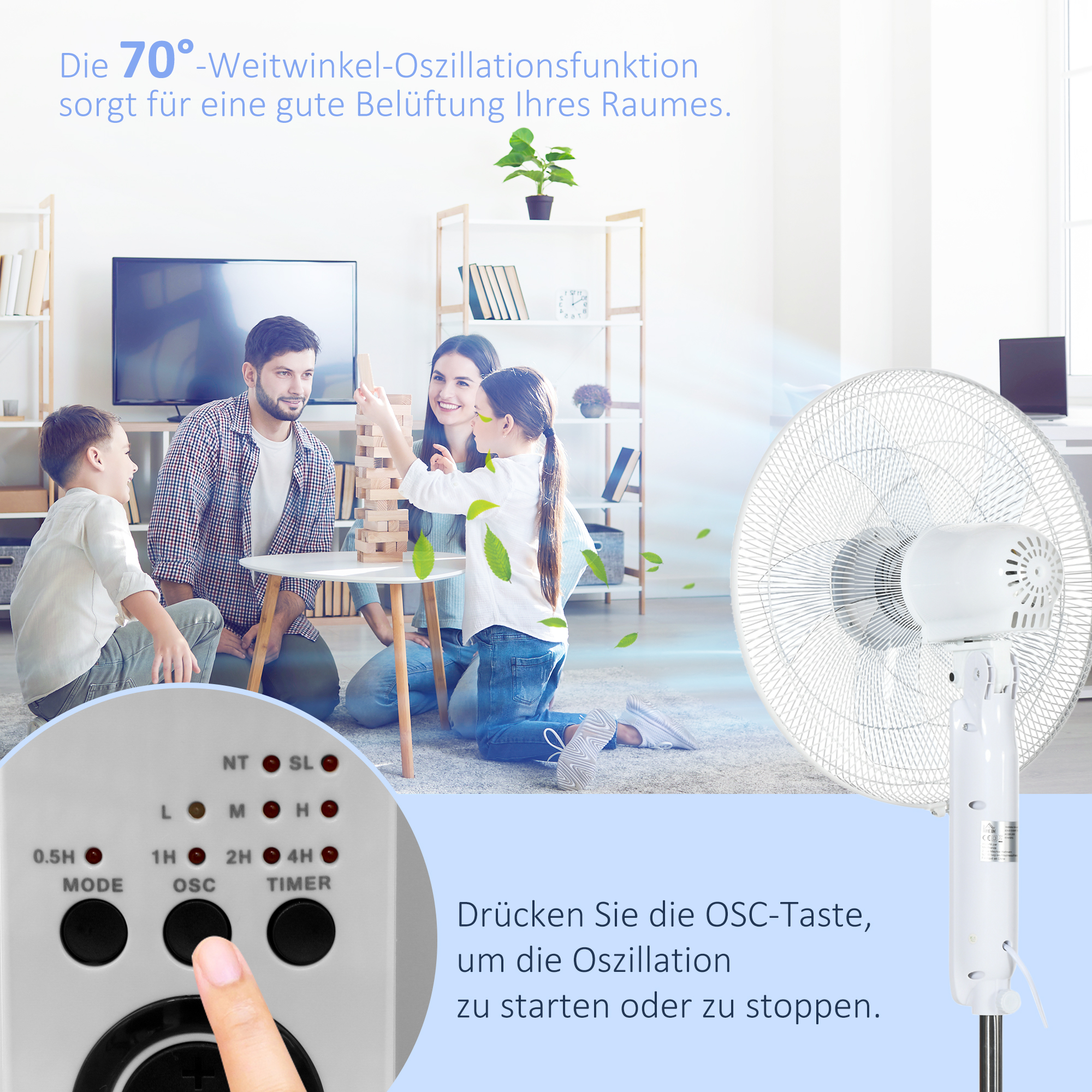 Standventilator Lüfter Fernbedienung Höhenverstellbar 3 Geschwindigkeitsstufen Metall, Weiß, Ø44,5 x H110-124 cm