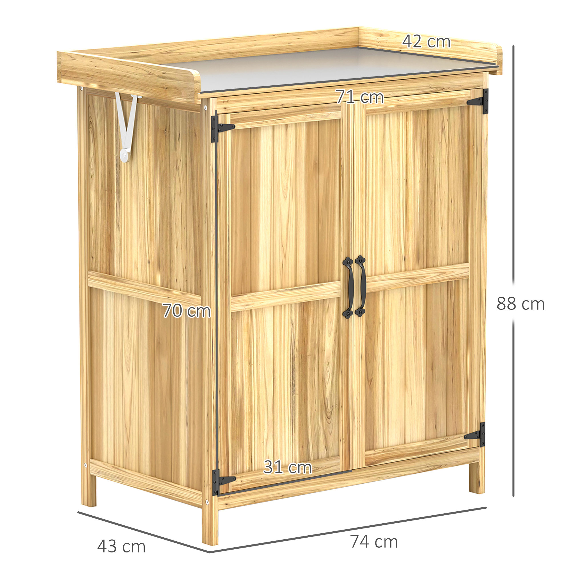 Gartenschrank, Werkzeugschrank für den Außenbereich, mit Arbeitsfläche, Holz und Edelstahl, Doppeltüren, Naturholz