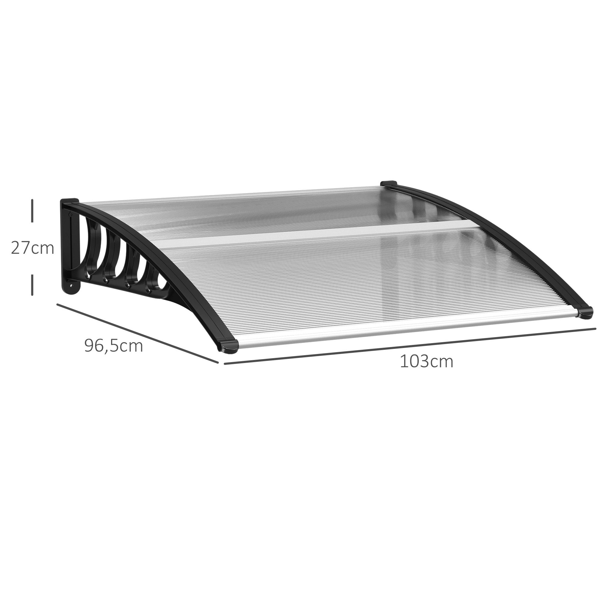 Vordach für Haustür/Fenster, wetterfest, transparent, Aluminium/Polycarbonat, 103x96,5x27cm, Schwarz