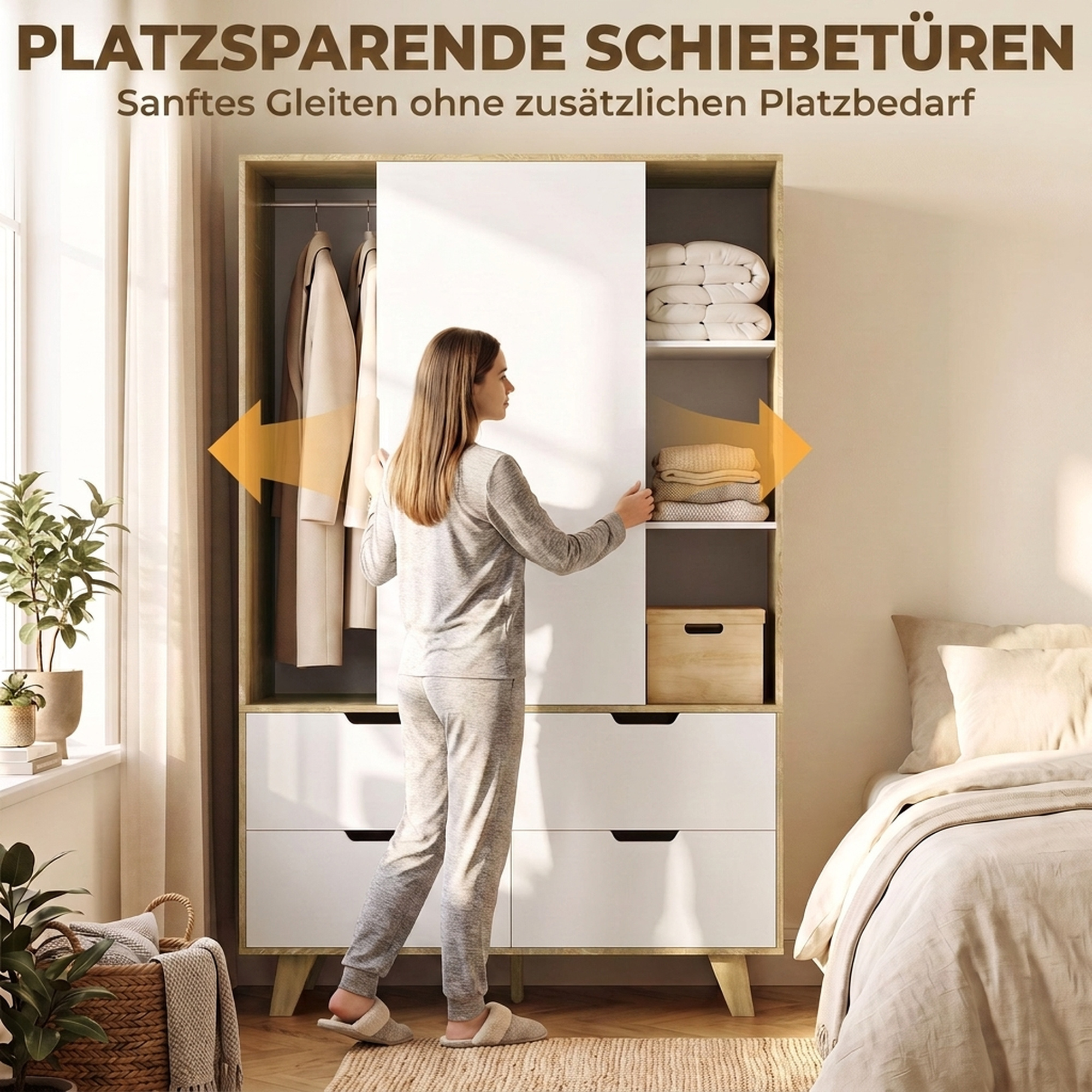 Moderner Kleiderschrank mit Schiebetüren, Kleiderstange, verstellbaren Böden und 4 Schubladen, Eiche/Weiß