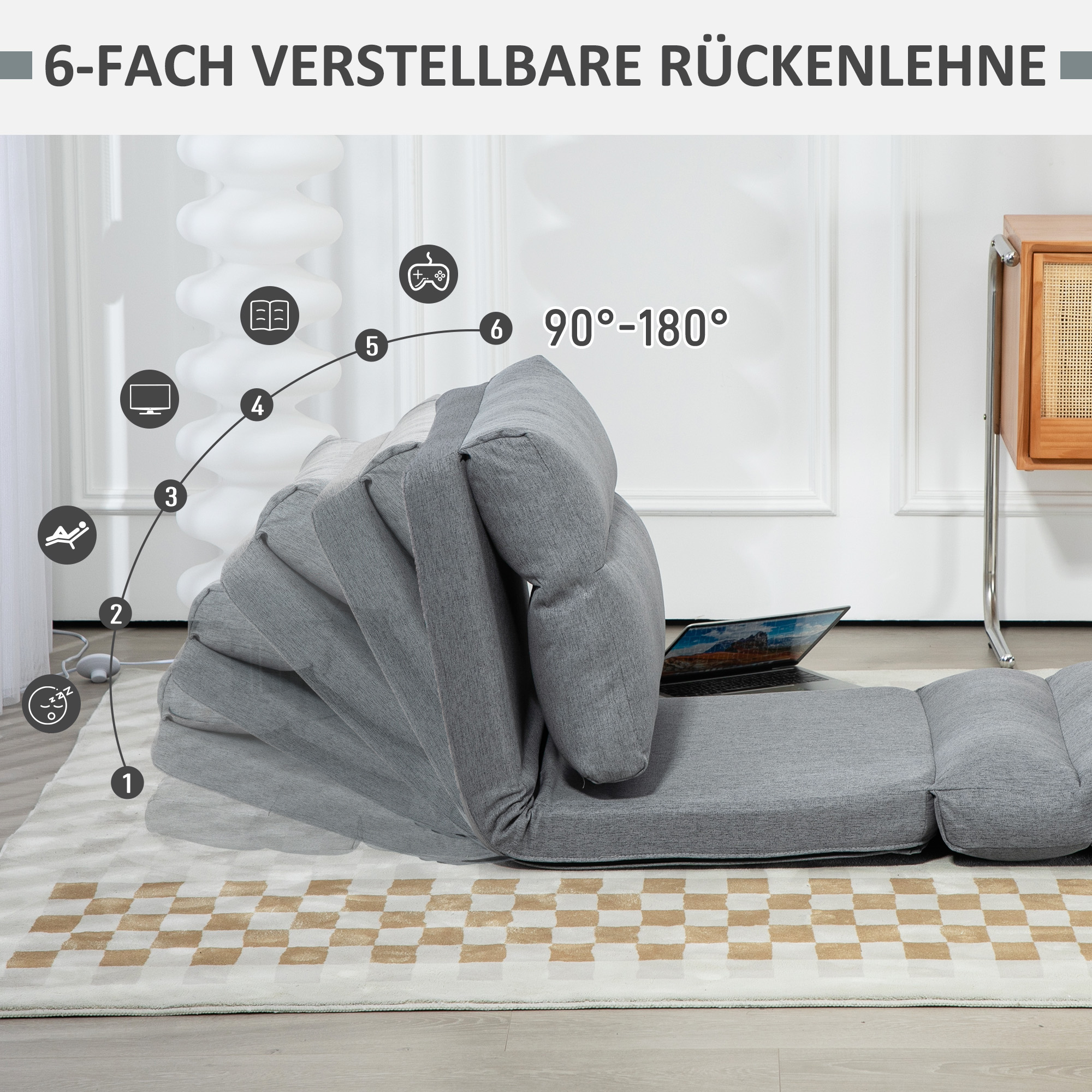 Sitzsack mit Bettfunktion, neigbare Lehne, klappbar, bis 120kg, 70 x 72 x 56 cm, Grau